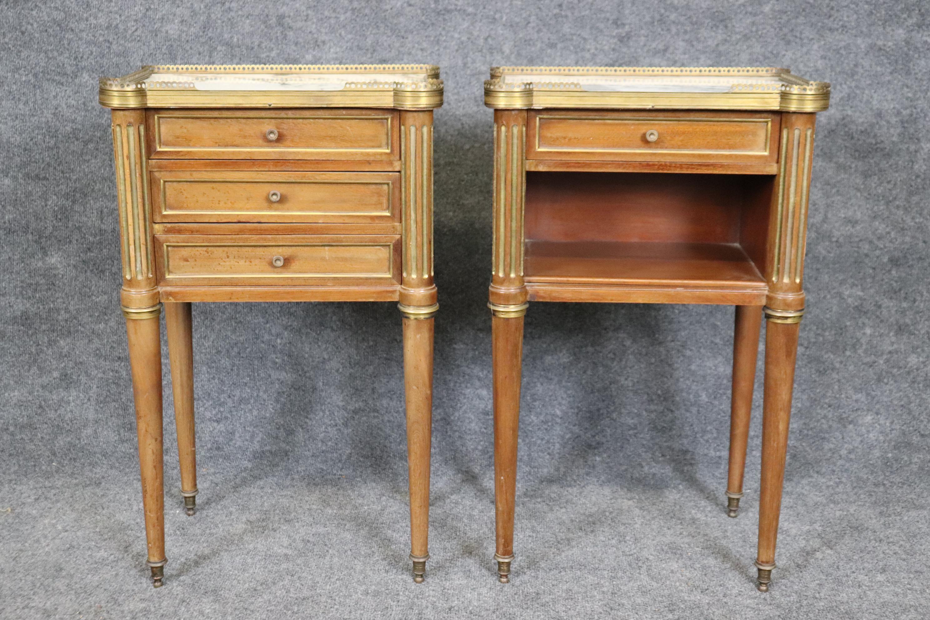 Measure 27.5 tall x 16.75 wide x 11.5 deep. These tables can be used as end tables if the backs are finished and nightstands just as they are. They are really quite nice with brass inlaid fluted column legs and gorgeous patina and white carrara