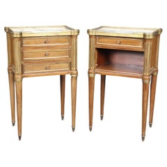 Antique Pair of Brass Fluted Walnut Directoire French Nightstands End Tables Marble Tops