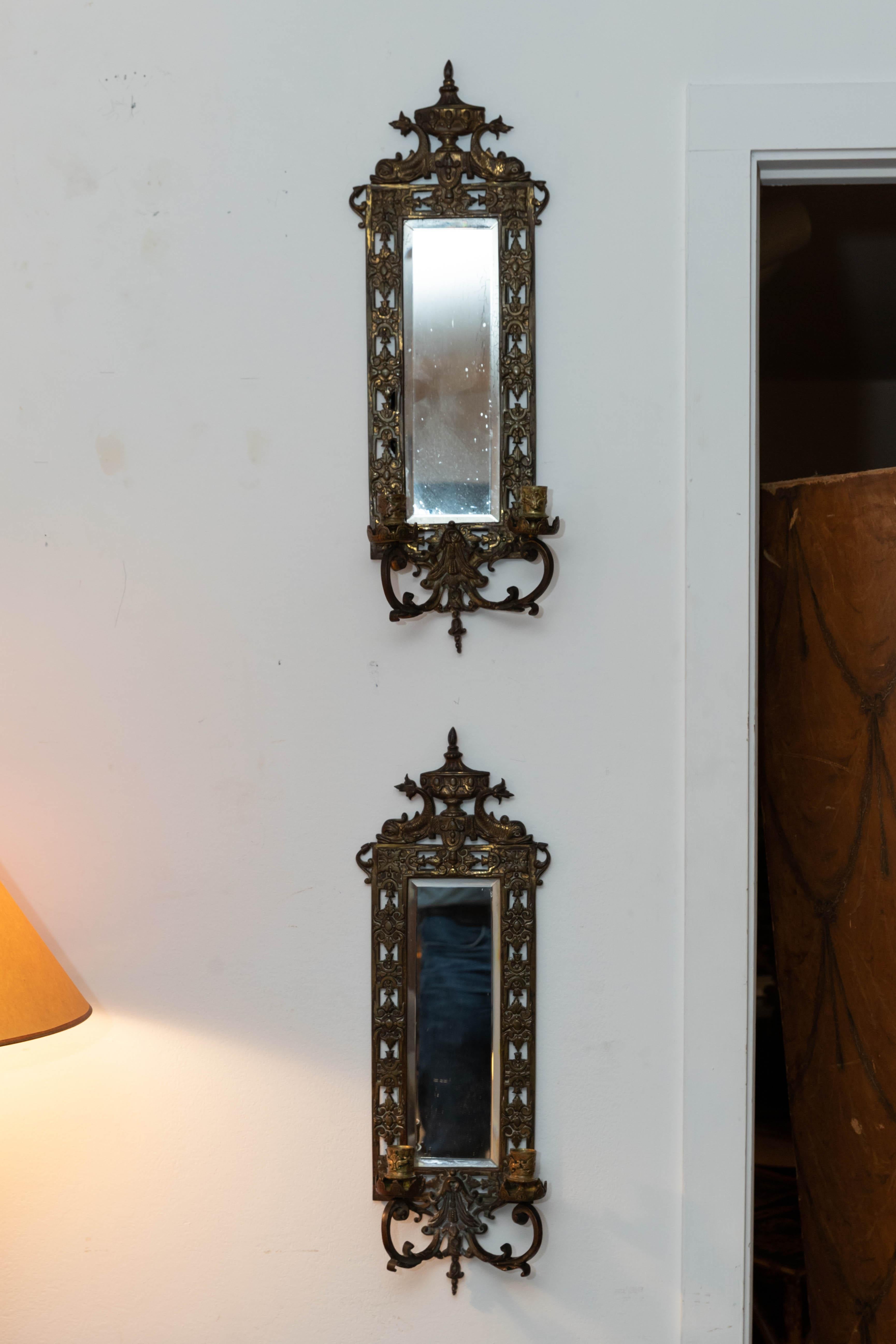 Pair of Brass Framed Beveled Mirror Sconces For Sale 5