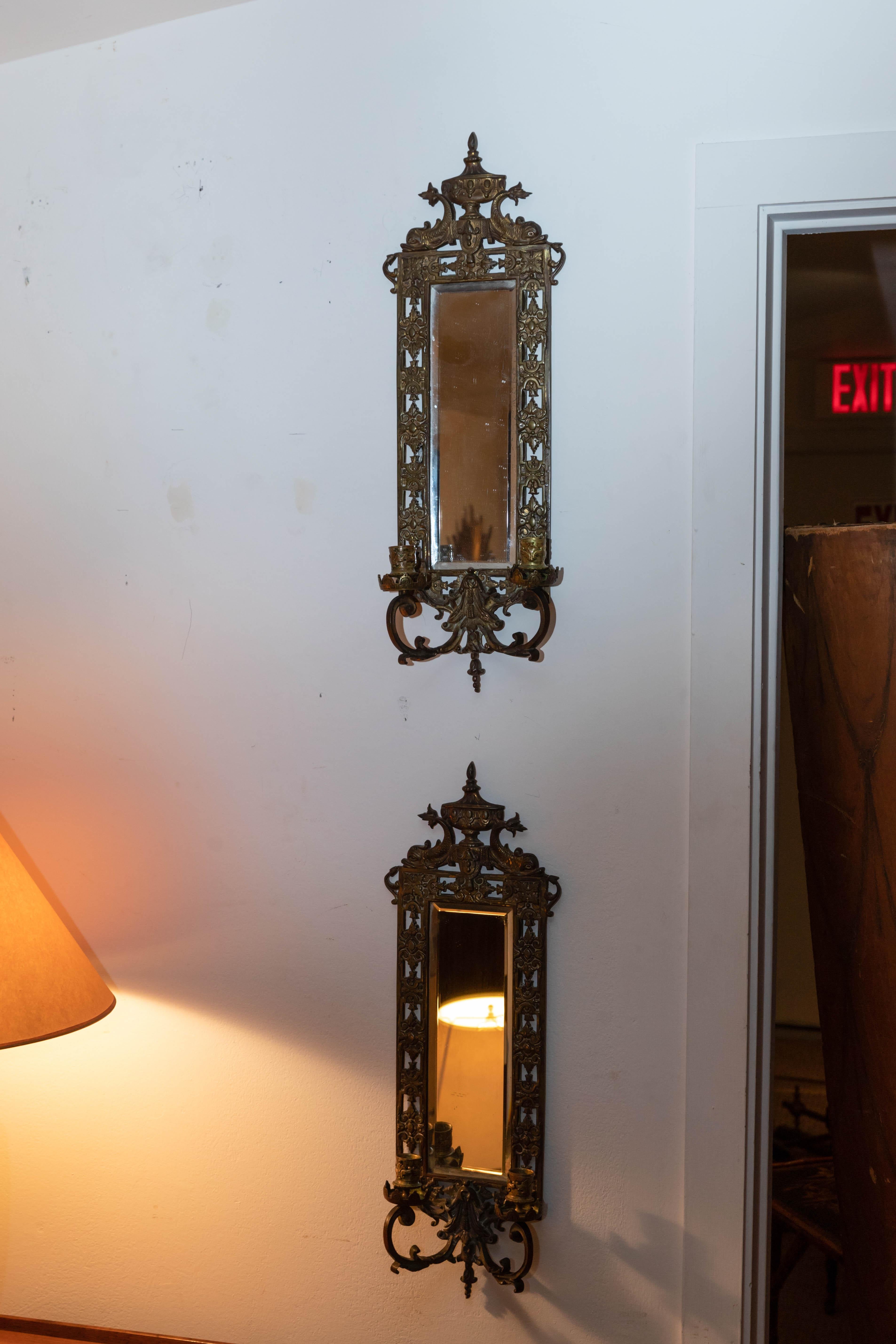 French Pair of Brass Framed Beveled Mirror Sconces For Sale