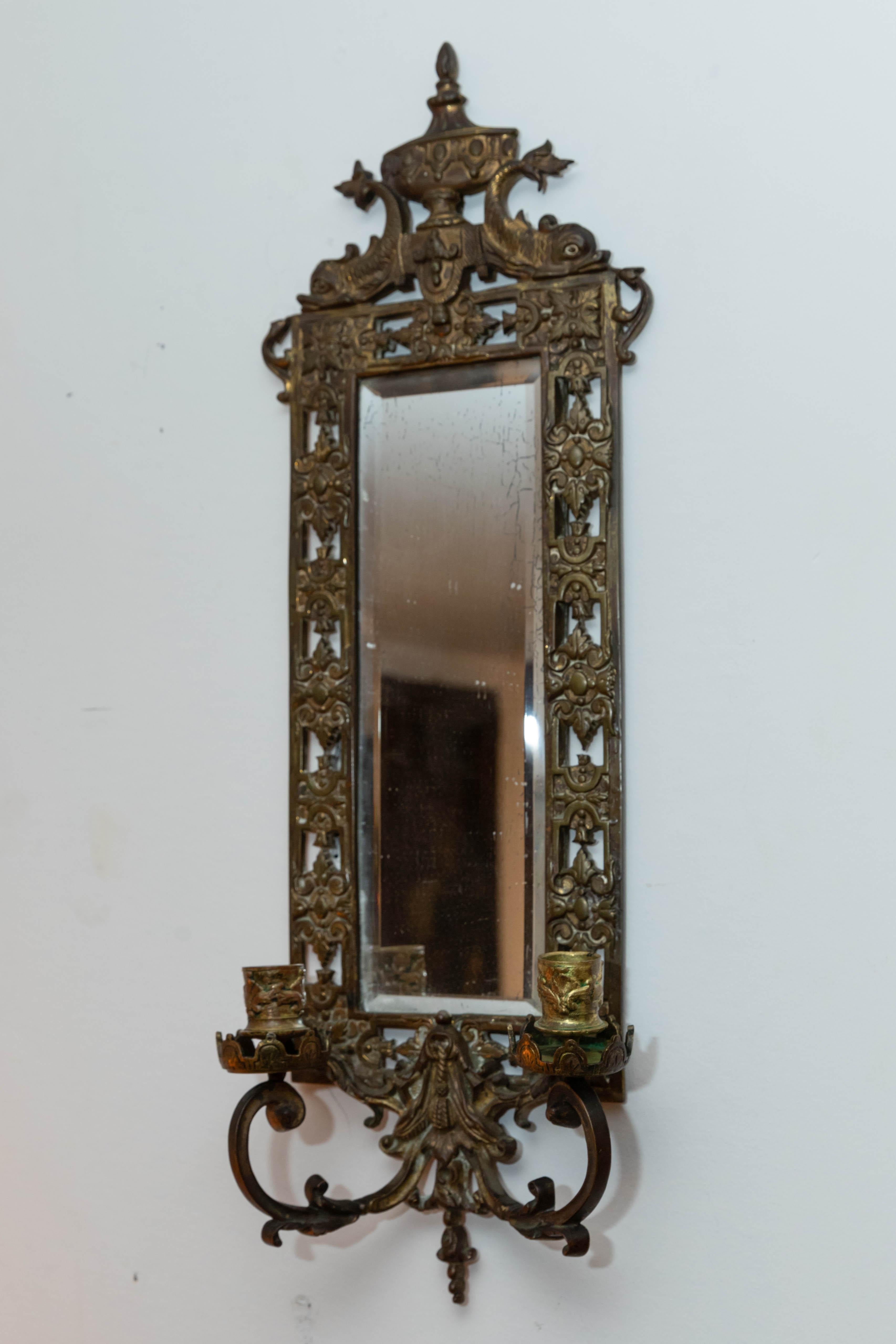 Pair of Brass Framed Beveled Mirror Sconces In Good Condition For Sale In East Hampton, NY