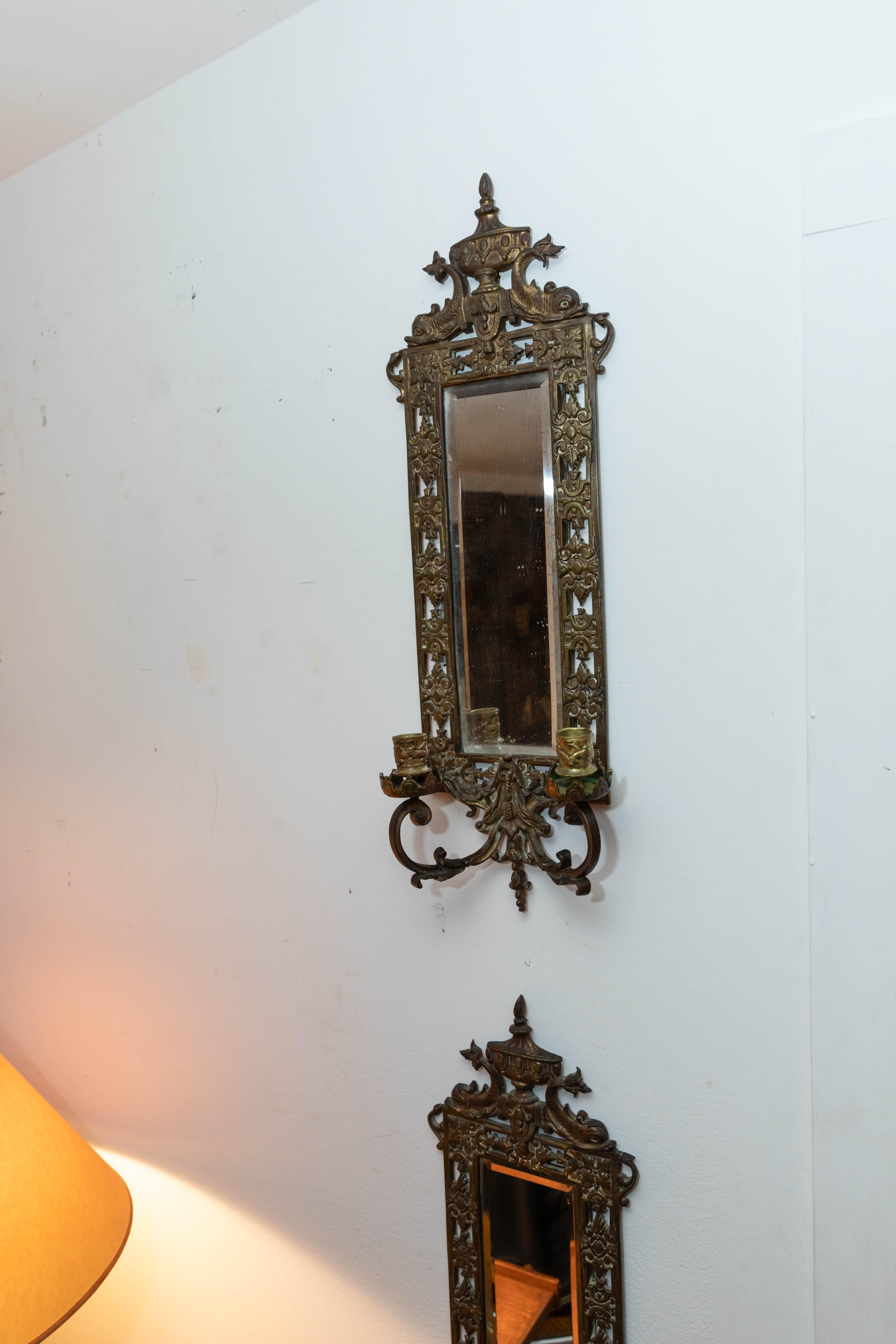 Mid-20th Century Pair of Brass Framed Beveled Mirror Sconces For Sale