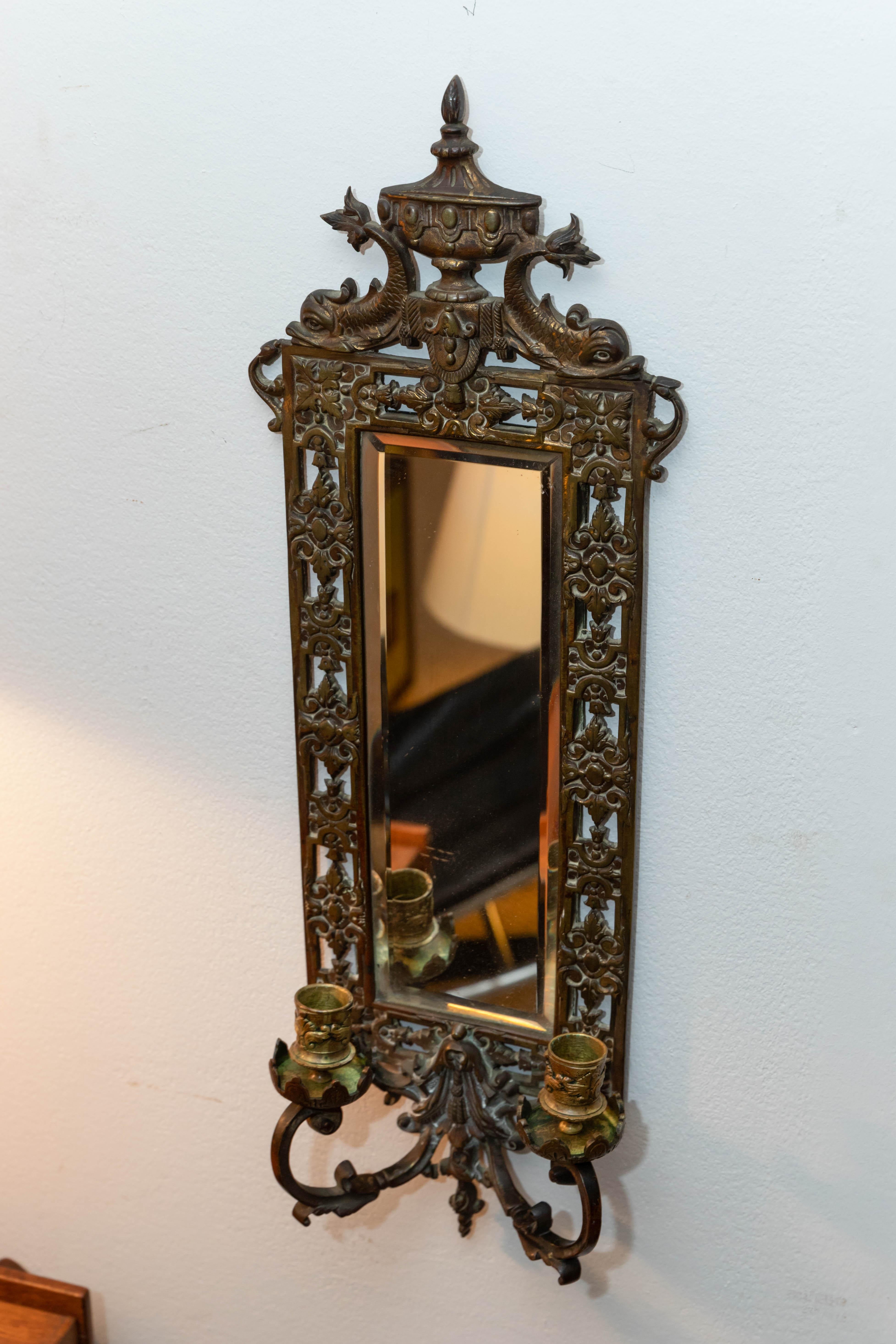 Pair of Brass Framed Beveled Mirror Sconces For Sale 1