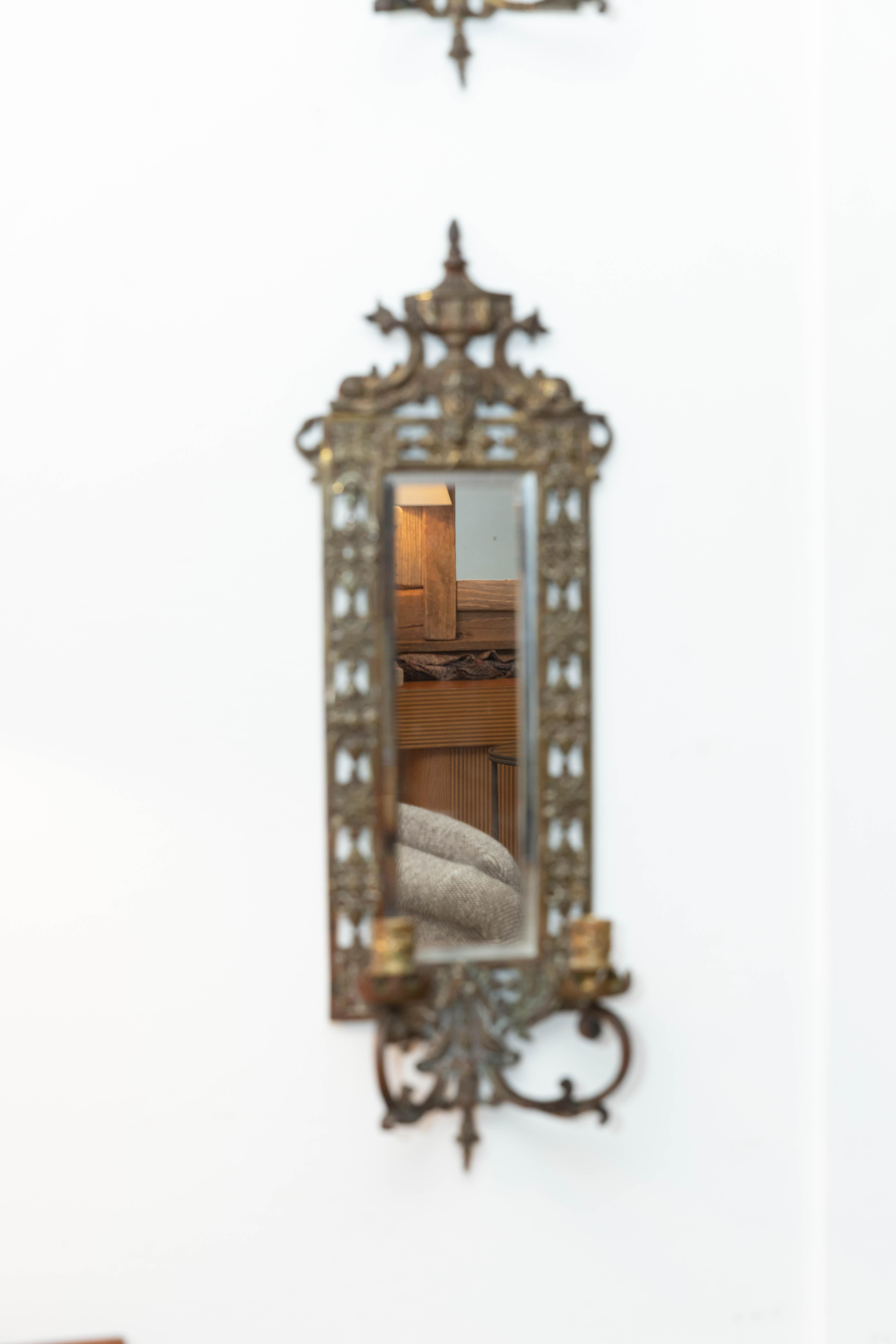 Pair of Brass Framed Beveled Mirror Sconces For Sale 2