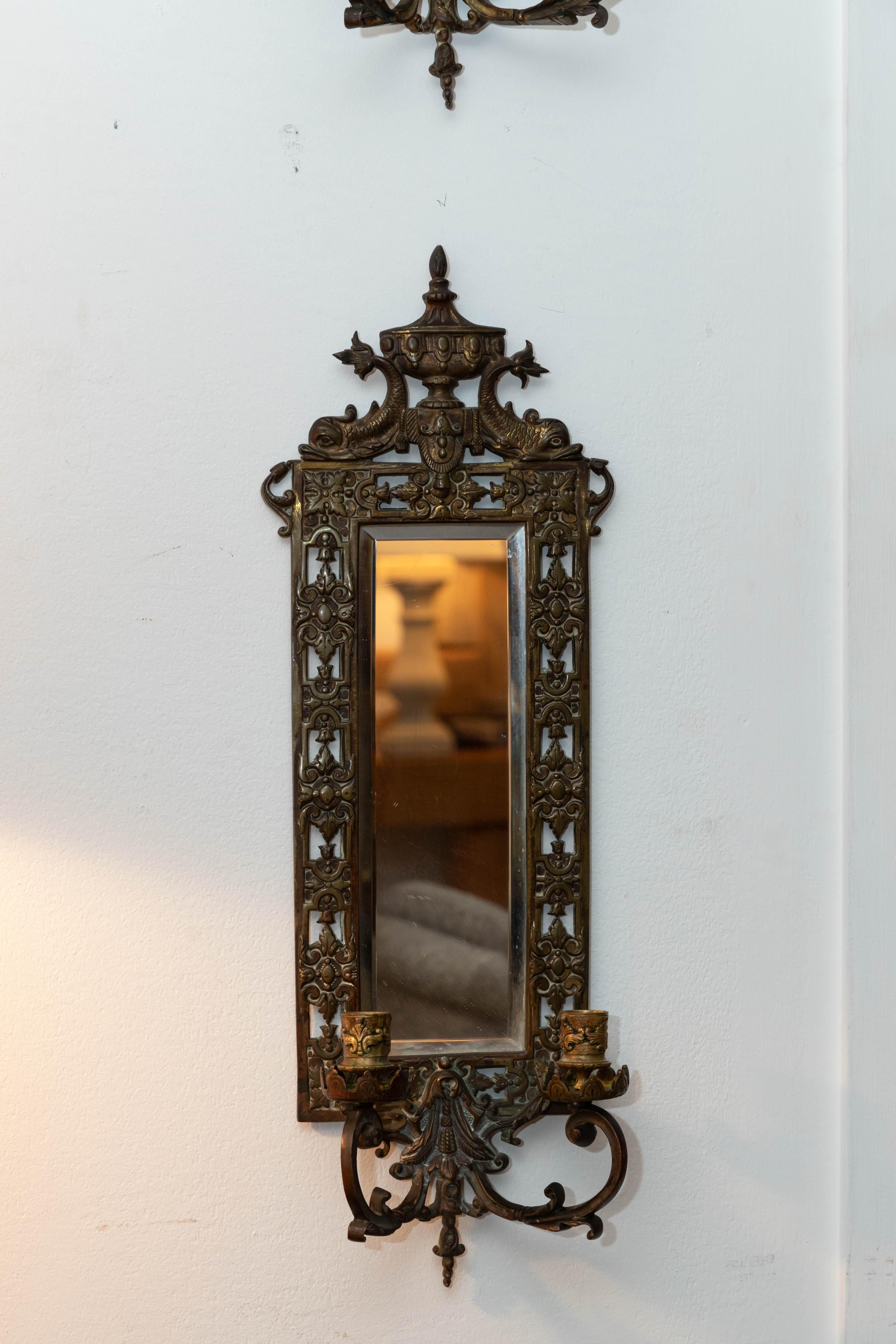 Pair of Brass Framed Beveled Mirror Sconces For Sale 3