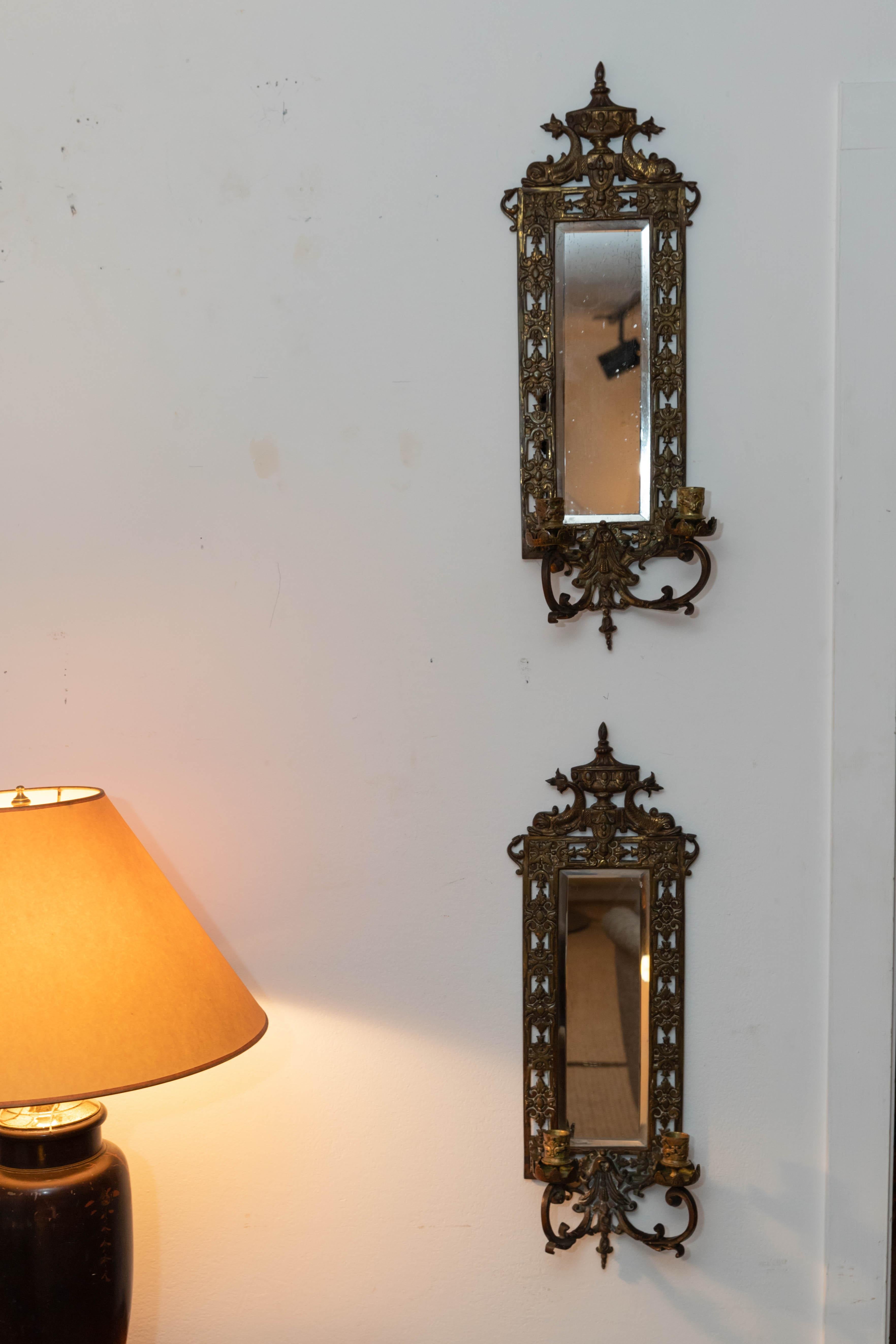 Pair of Brass Framed Beveled Mirror Sconces For Sale 4