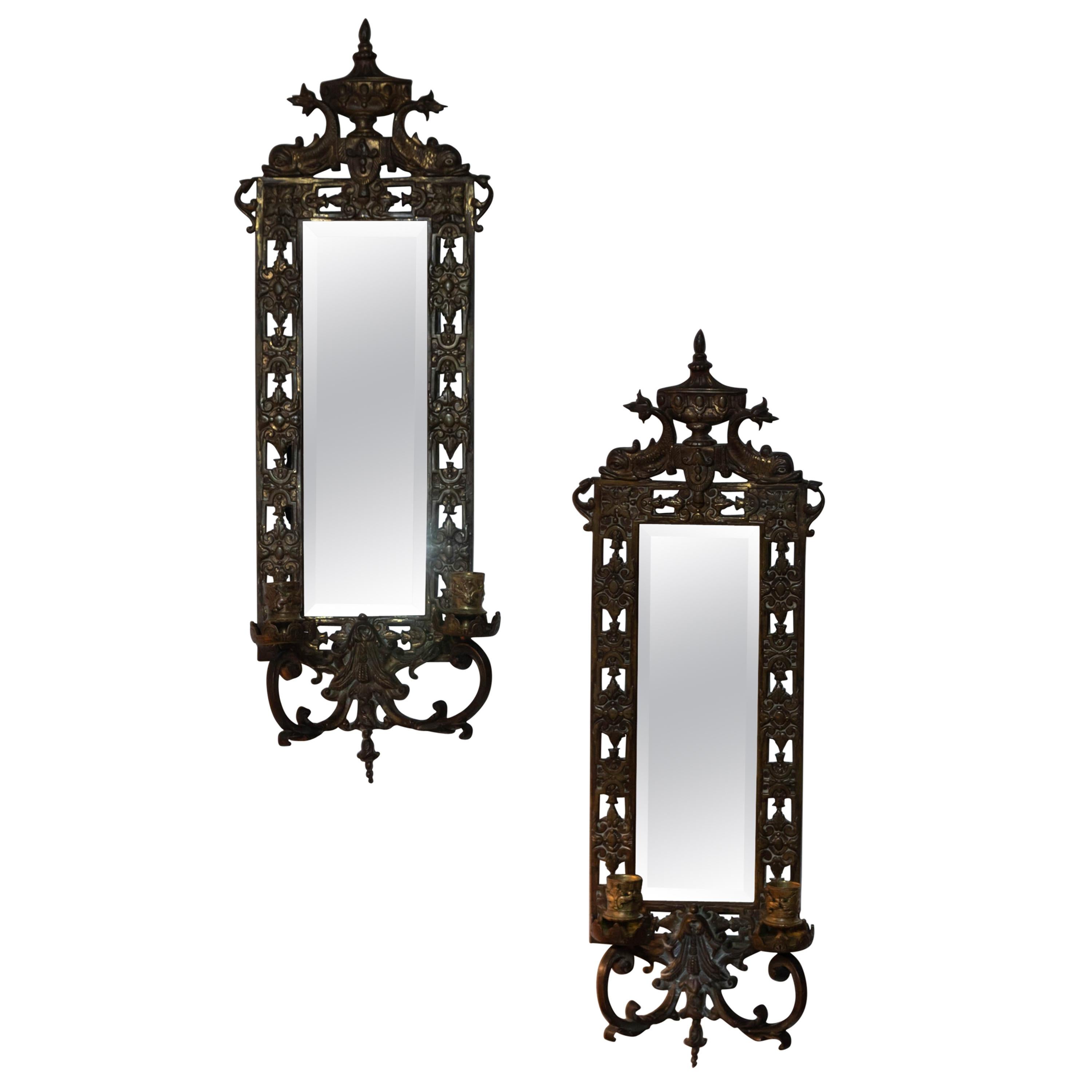 Pair of Brass Framed Beveled Mirror Sconces For Sale