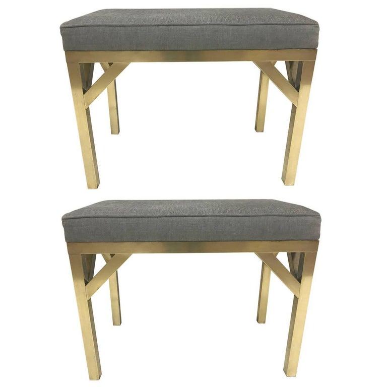 Pair of Brass French Modernist Upholstered Benches In Good Condition In New York, NY