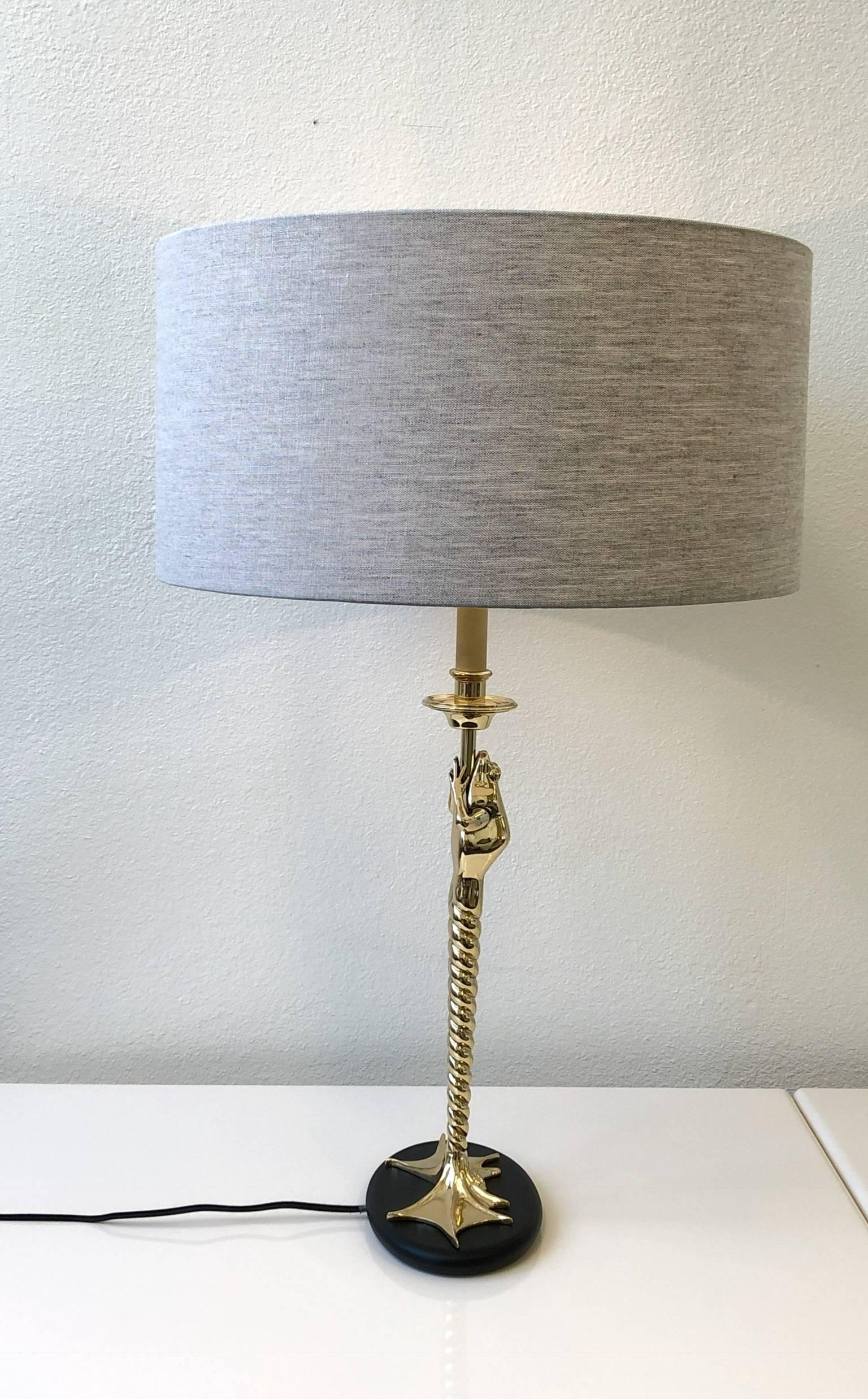 Polished Pair of Brass Frog Table Lamps by Chapman
