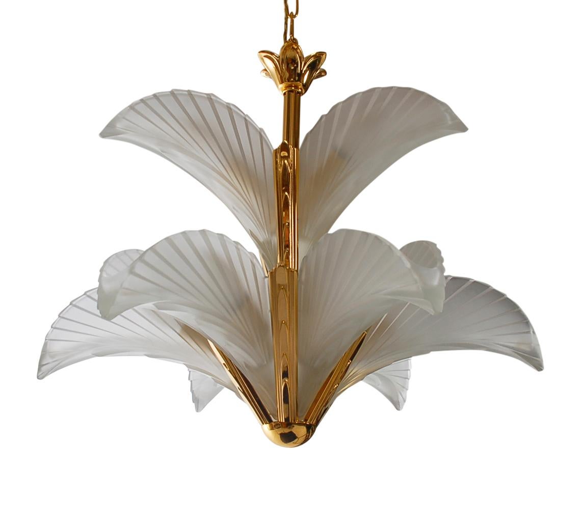 Brass and Frosted Glass Hollywood Regency Art Deco Slip Shade Chandelier 2