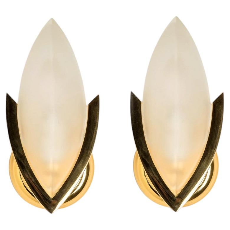 Pair of Brass Frosted Glass Wall Light, Italy 1960s
