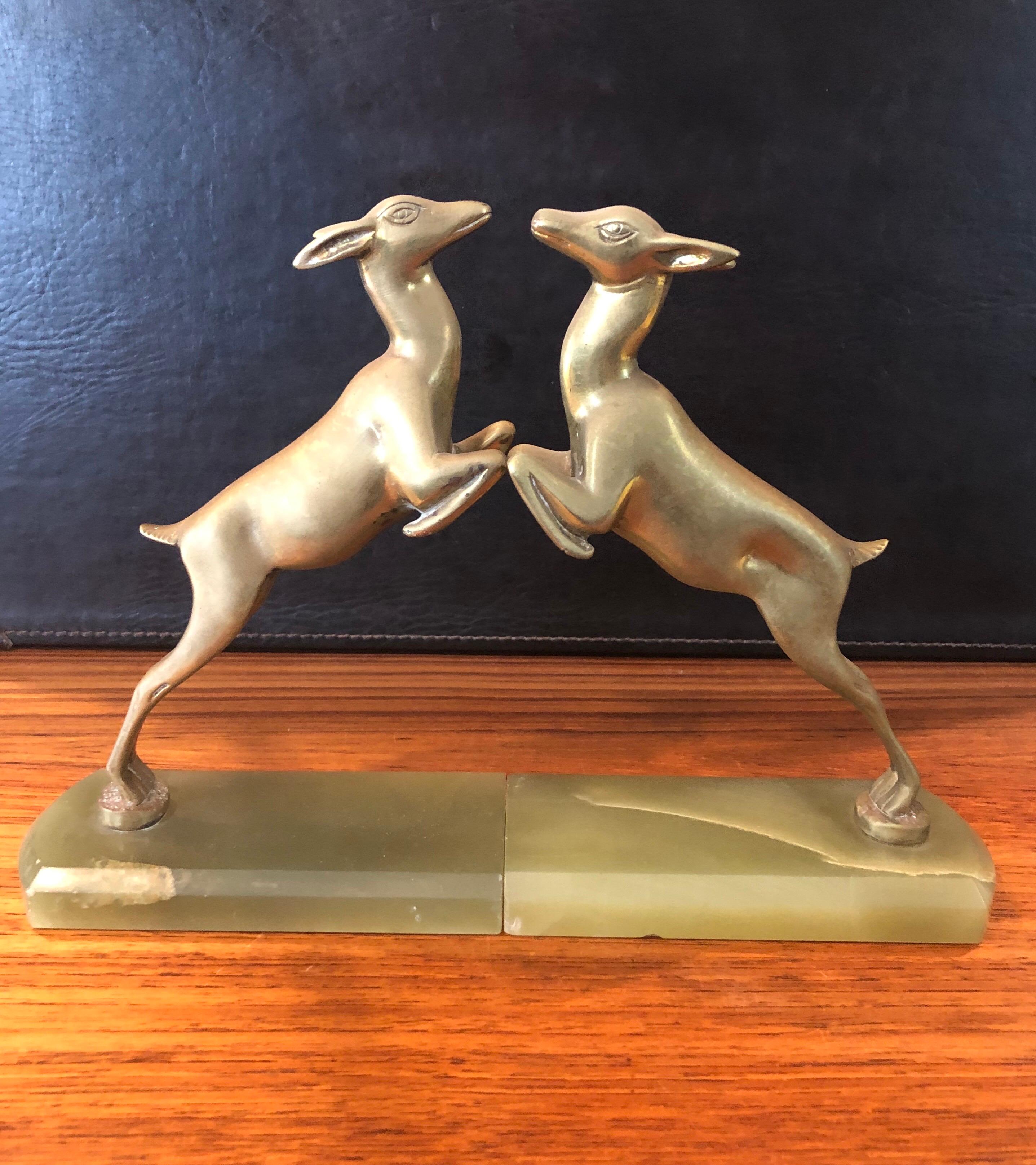 American Pair of Brass Gazelle Bookends on Marble Base