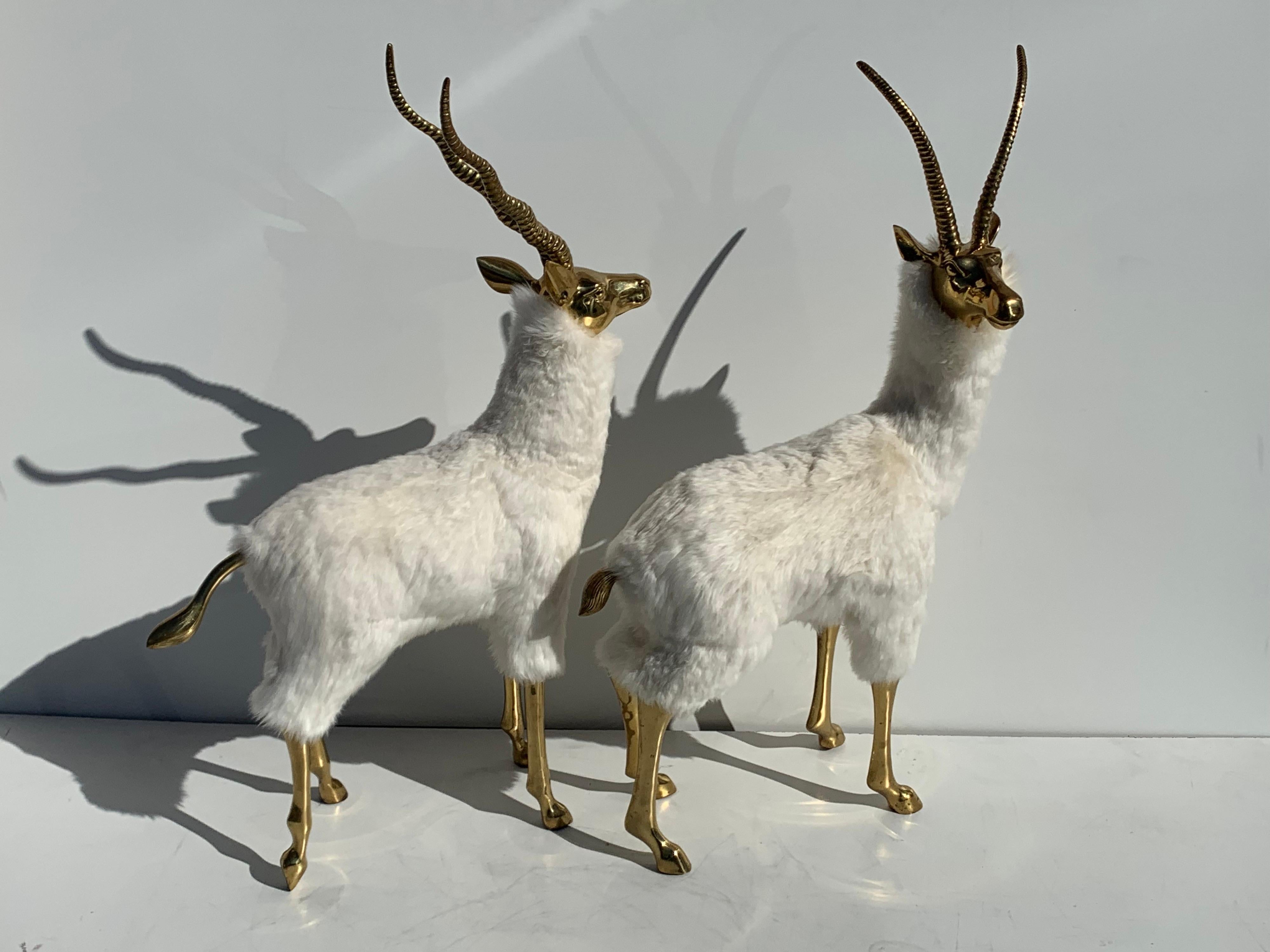 Pair of brass gazelle or antelope sculptures newly covered in real sheep fur in the style of Lalanne Perfect for Christmas decor.
 