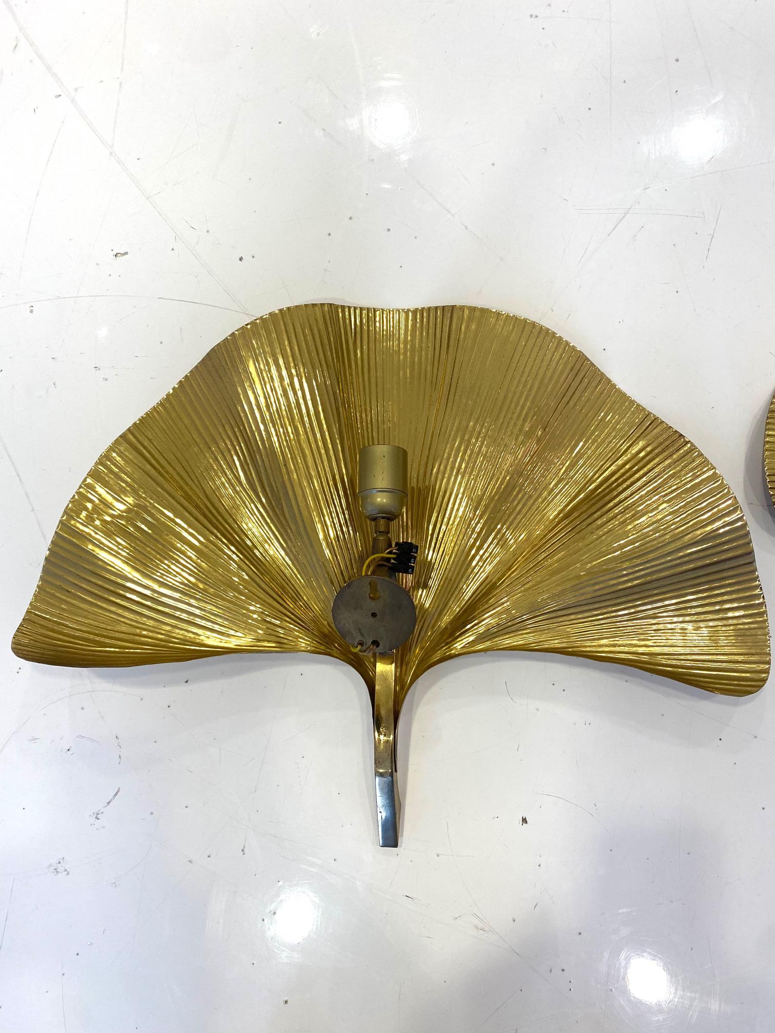 Late 20th Century Pair of Brass Ginko Leaf Sconces by Tommaso Barbi