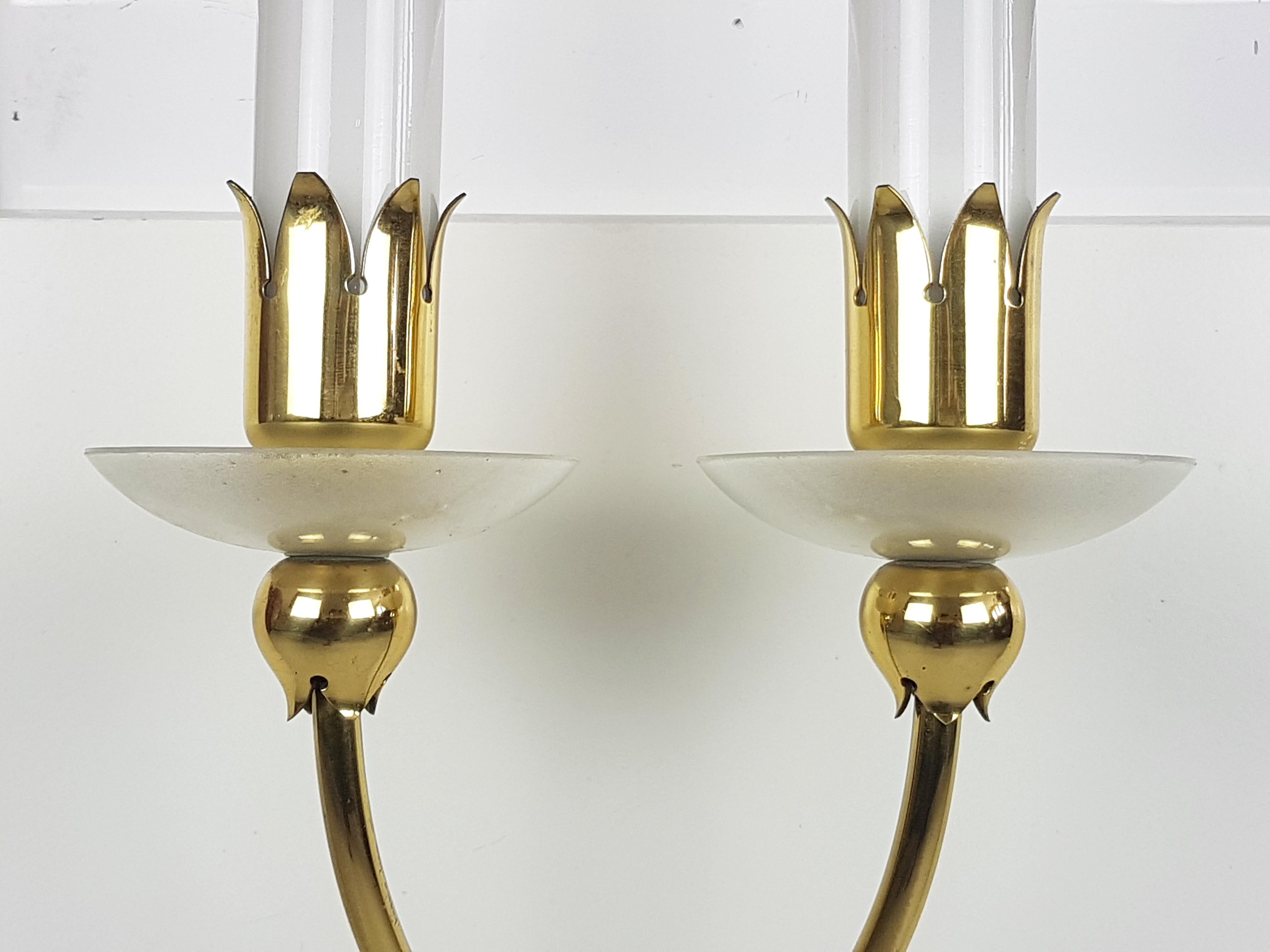 Italian Pair of Brass & Glass 2-Light 1950 Wall Fixtures by Angelo Lelii for Arredoluce