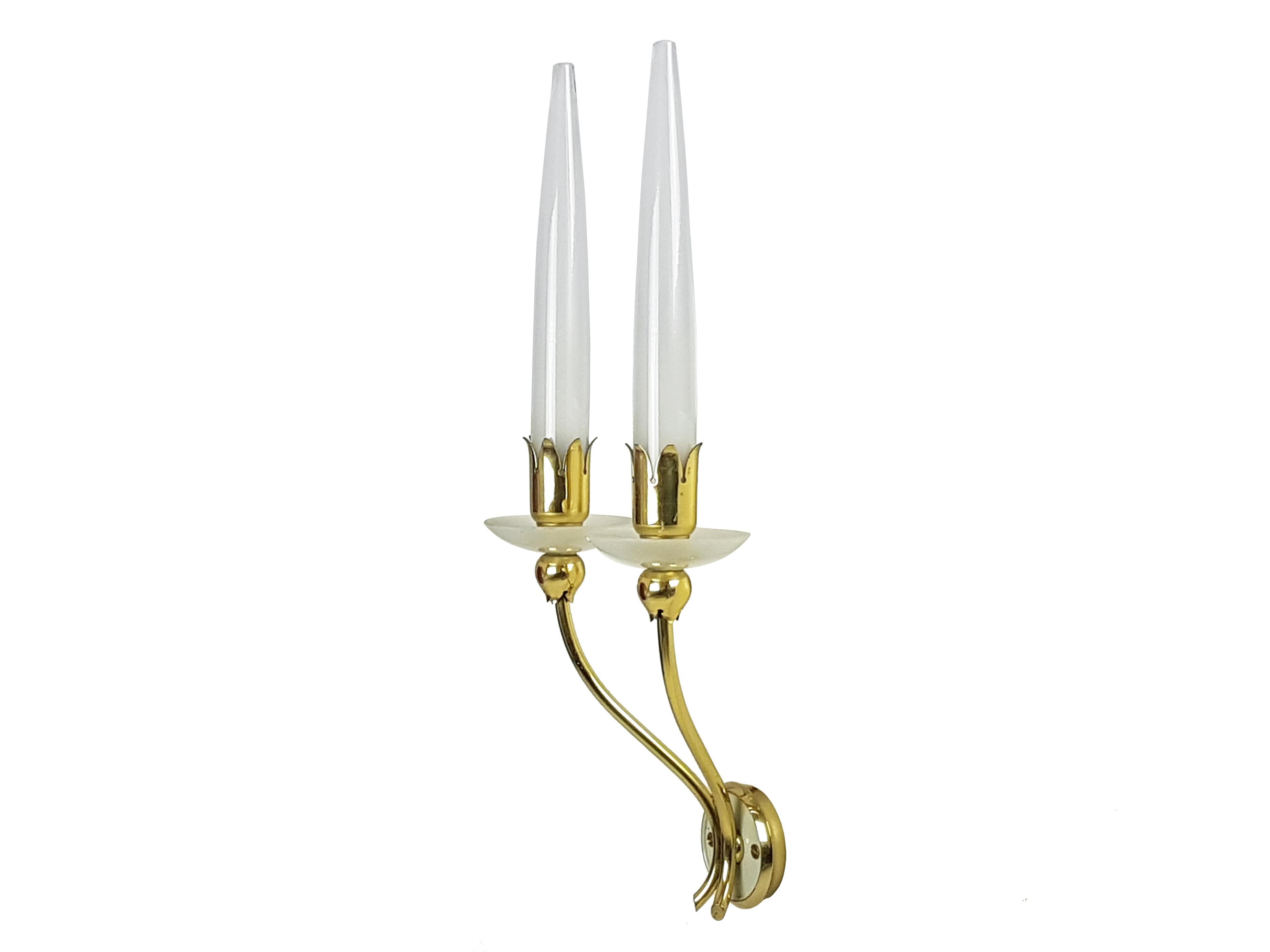 Pair of Brass & Glass 2-Light 1950 Wall Fixtures by Angelo Lelii for Arredoluce 3