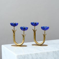 Pair of Brass & Glass Candlesticks by Gunnar Ander. Ystad Metall, Sweden, 1950s