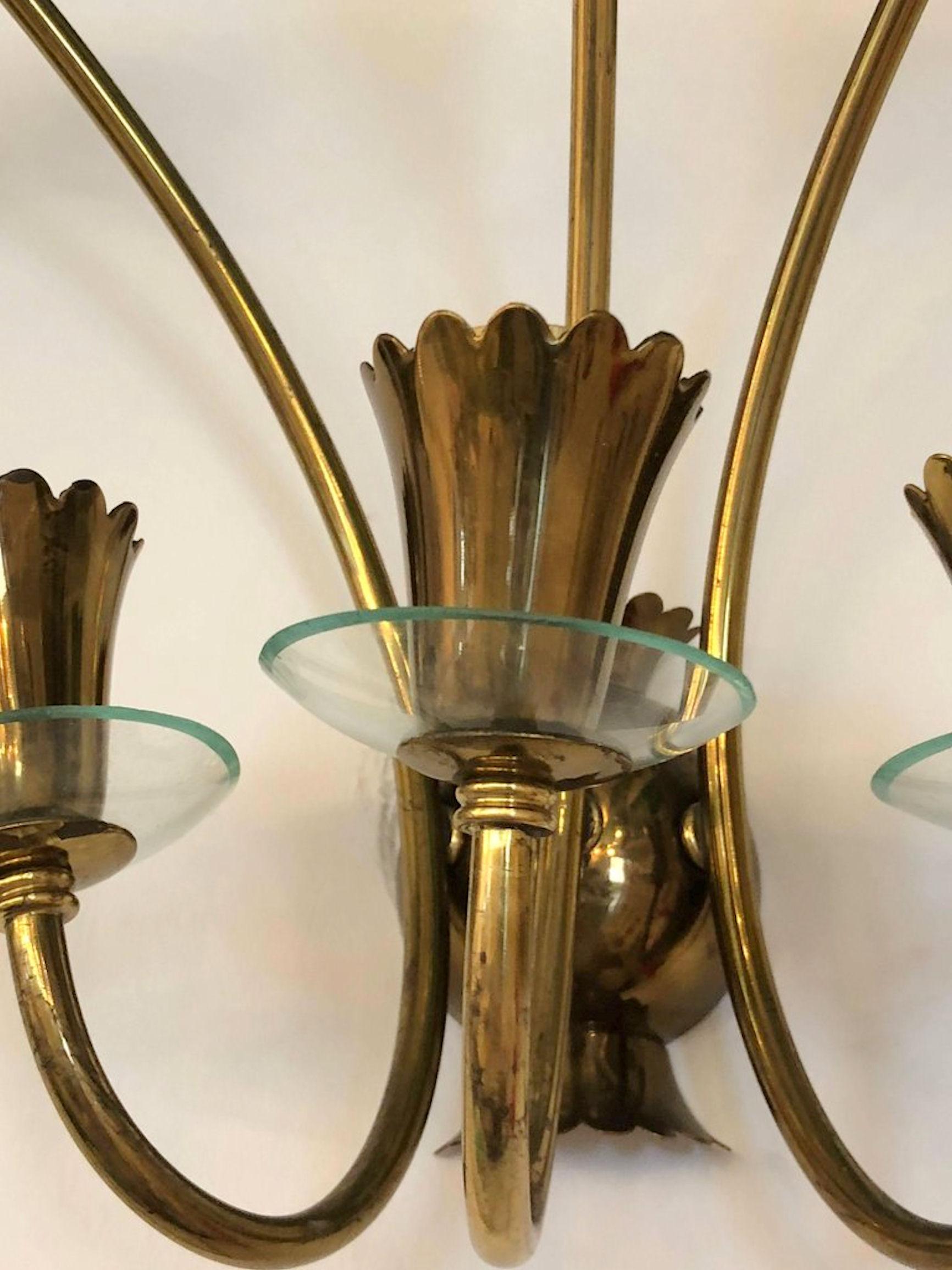 Pair of Brass and Glass Mid-Century Modern Sconces, Stilnovo Style, Italy, 1960s 6