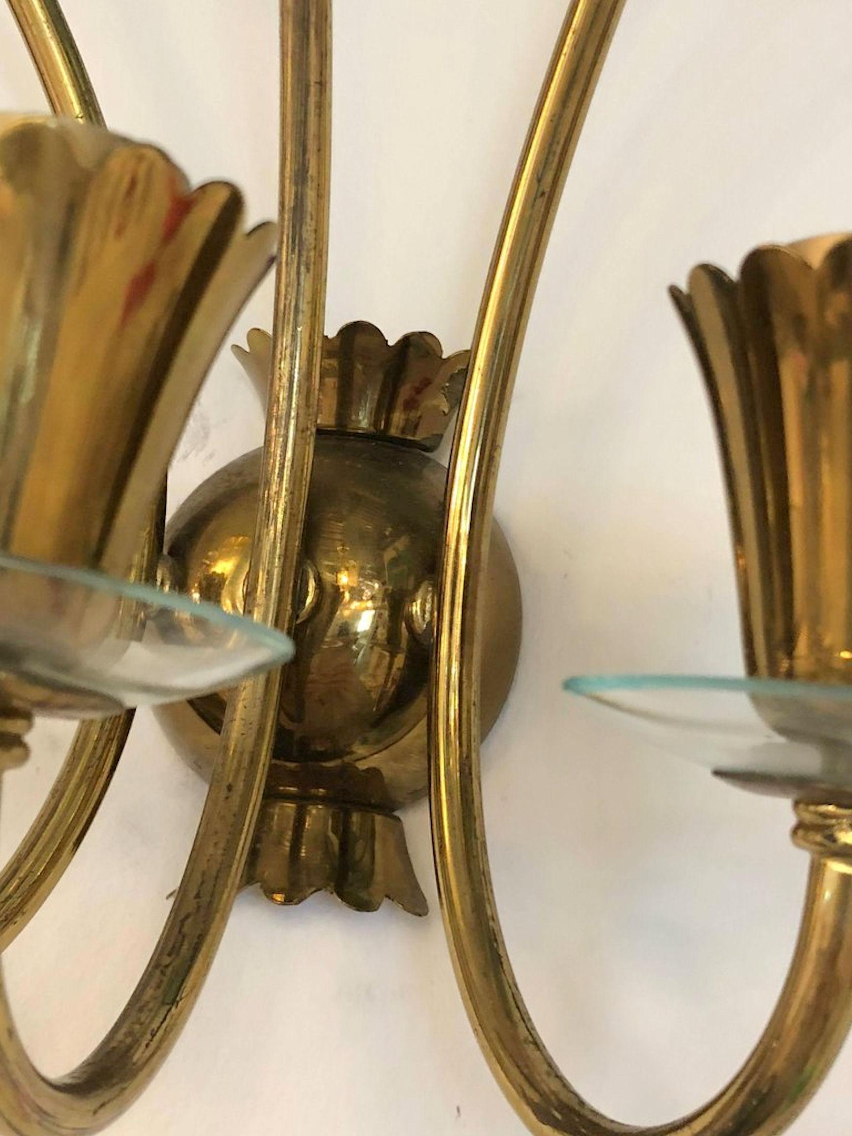 Pair of Brass and Glass Mid-Century Modern Sconces, Stilnovo Style, Italy, 1960s 3