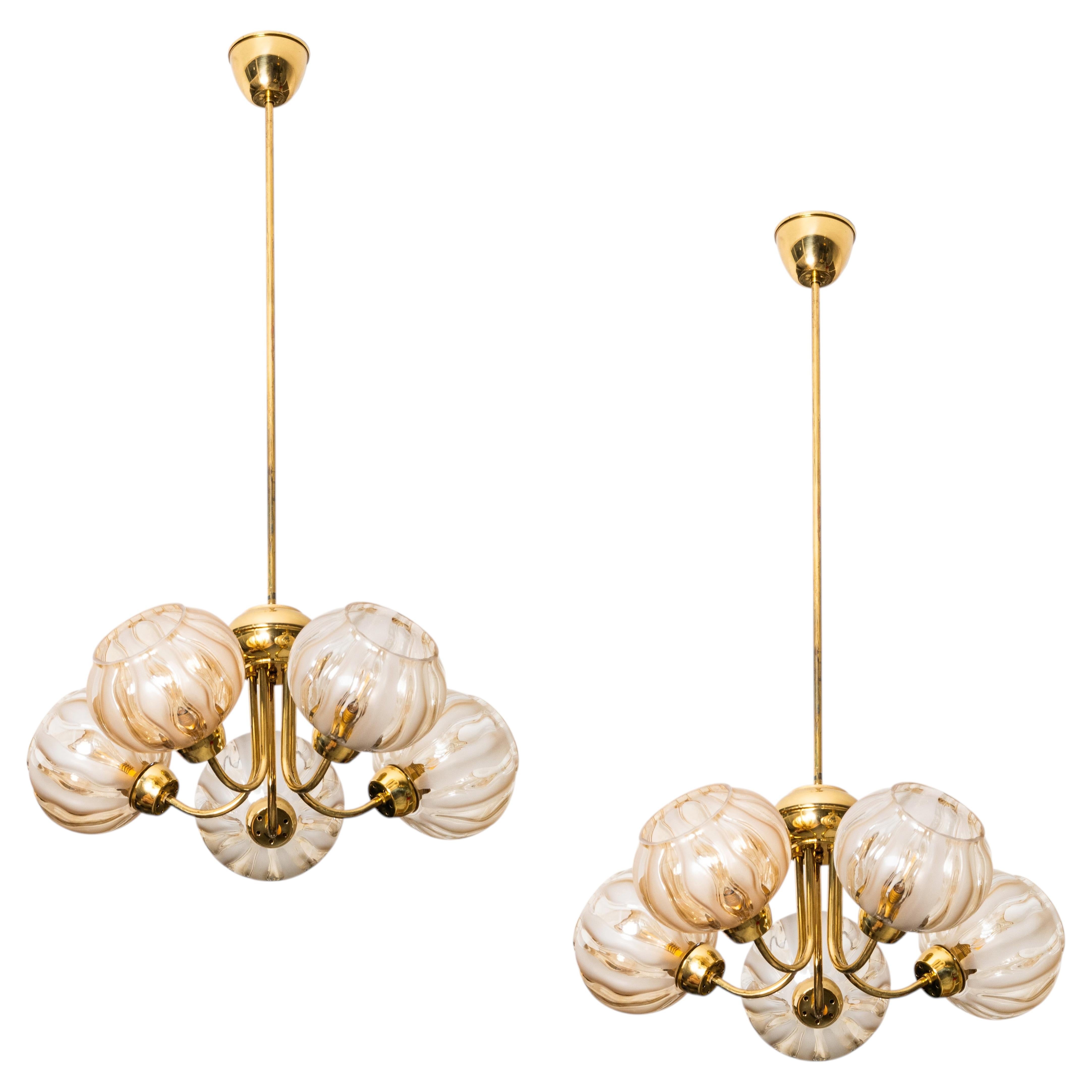 Pair of Brass & Glass Model 76 Pendants by Hyval, Finland, 1960s