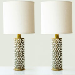 Pair of Brass Glass Table Lamps R. Rooke, Lampshade by R. Houben, 1970