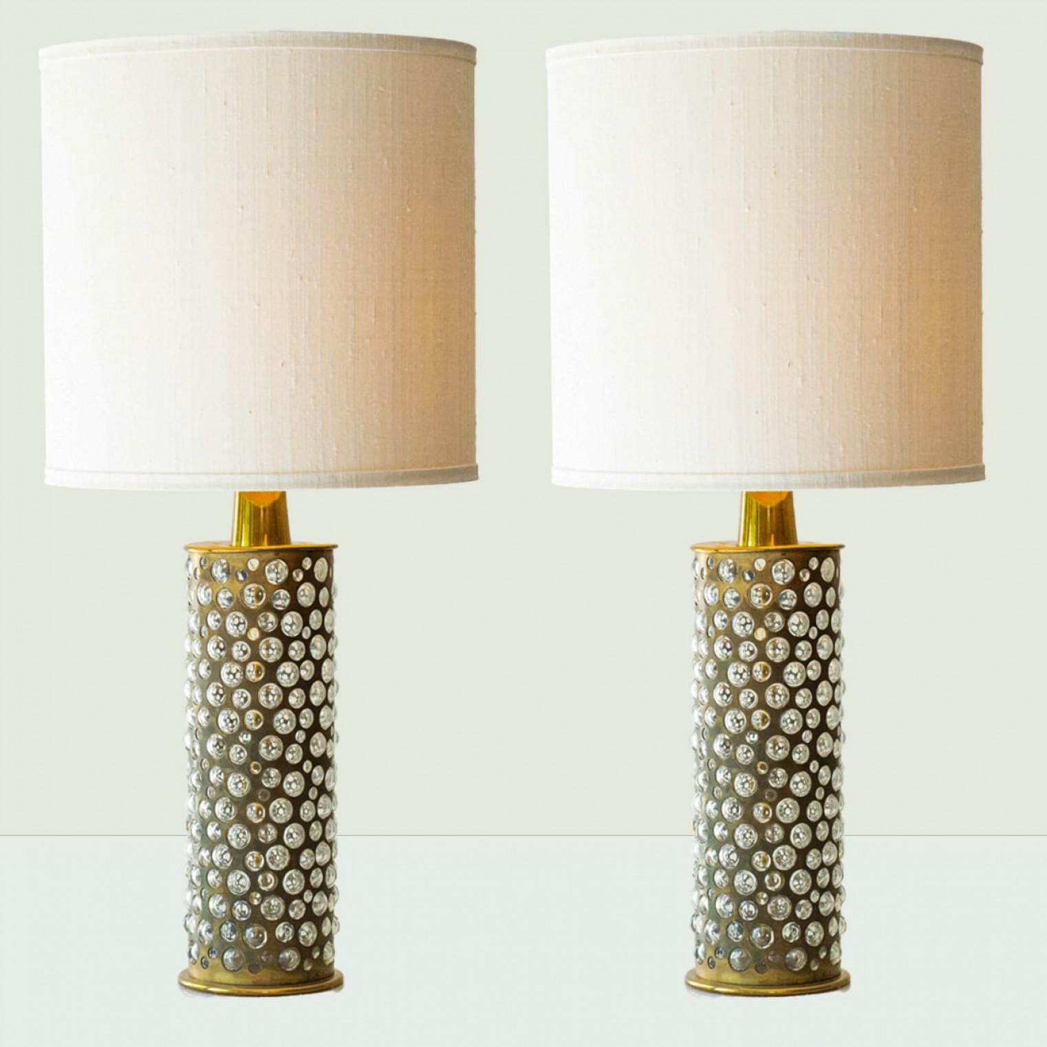 Mid-Century moderno Coppia di lampade da tavolo in vetro di ottone R. Rooke, paralume di R. Houben, 1970 in vendita
