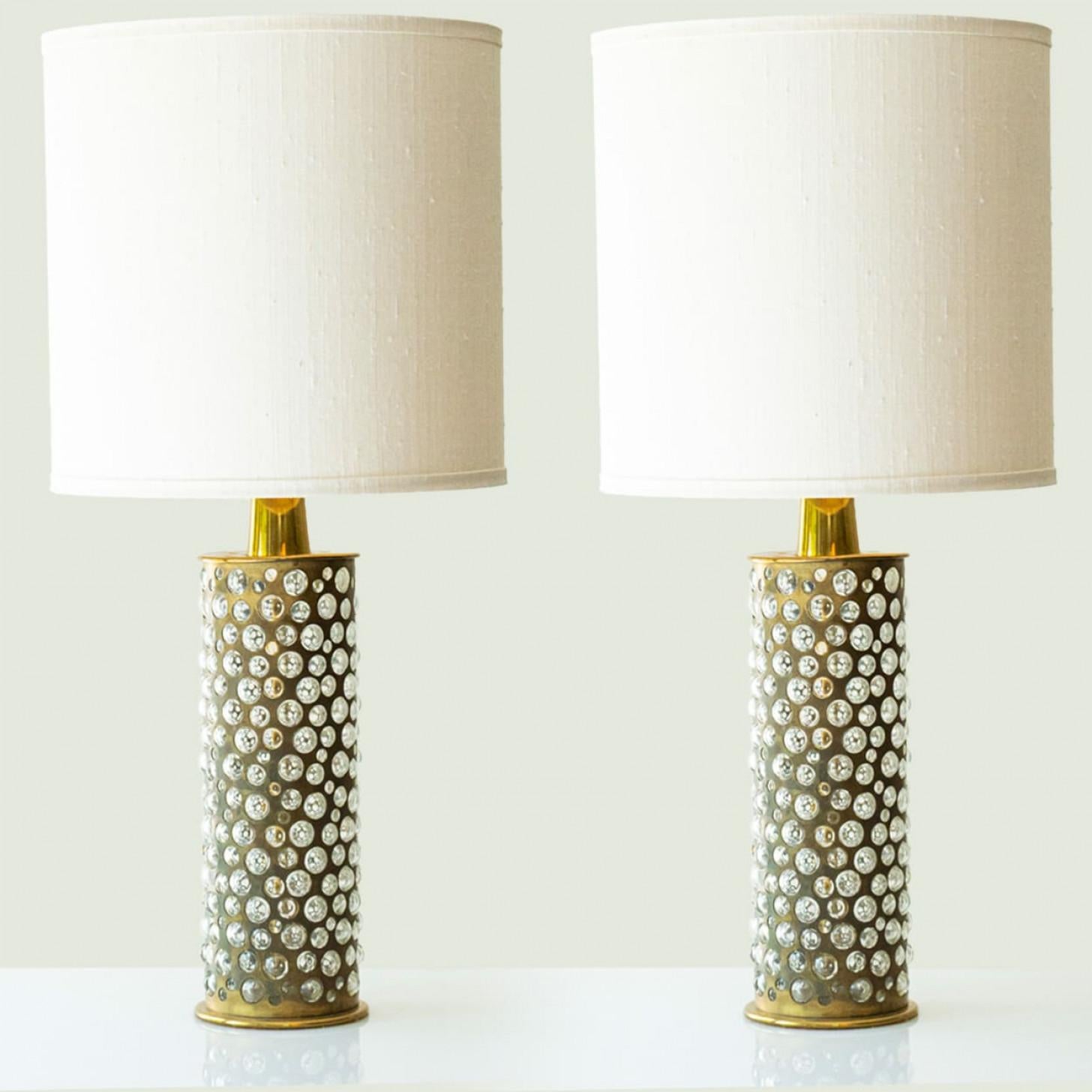 Fine XX secolo Coppia di lampade da tavolo in vetro di ottone R. Rooke, paralume di R. Houben, 1970 in vendita