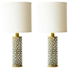 Pareja de lámparas de mesa de latón y cristal R. Rooke, pantalla de R. Houben, 1970