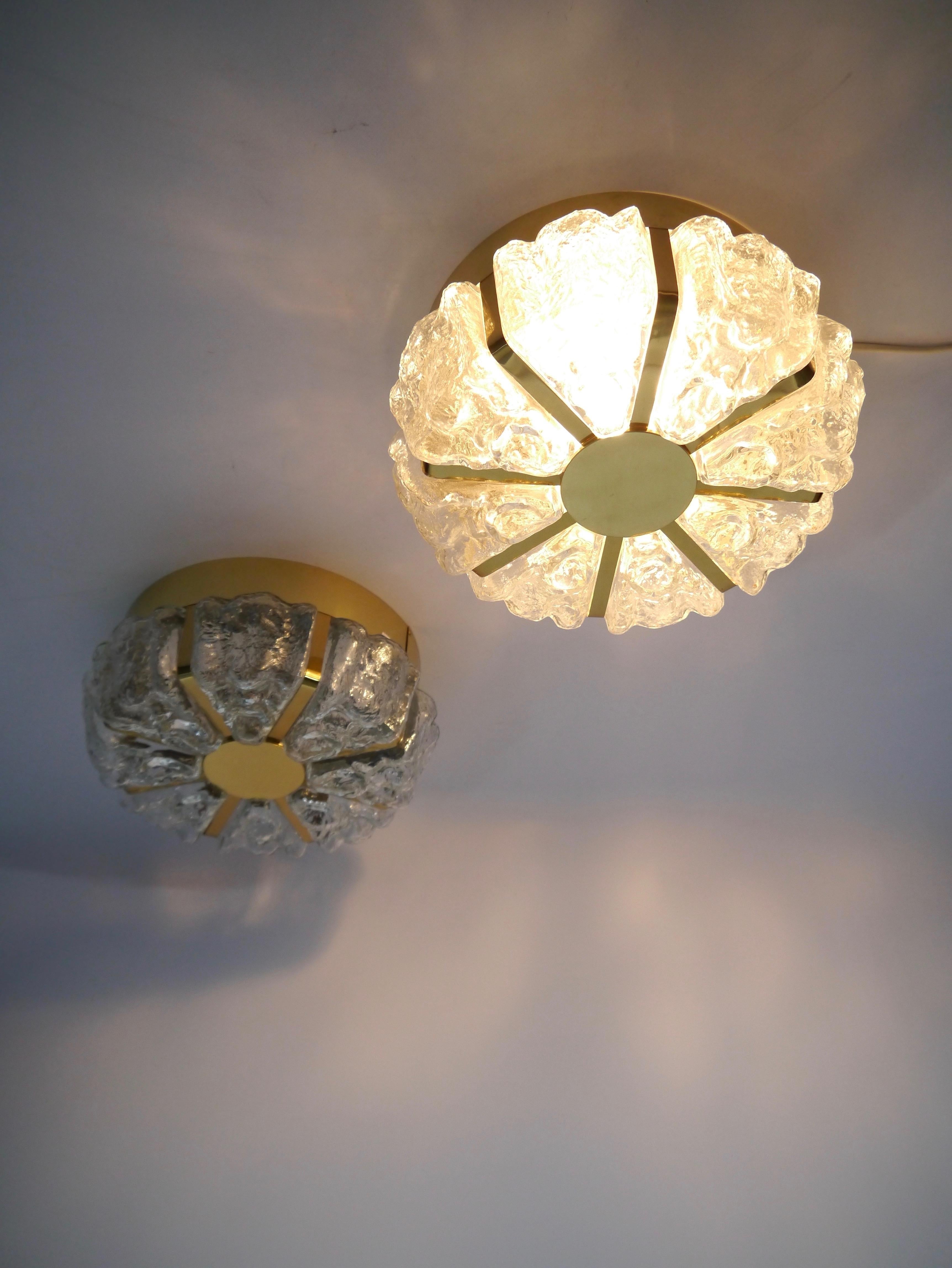 Mid-Century Modern Pair of Brass & Glass Wall / Ceiling Light Sconces by Helena Tynell for Limburg For Sale