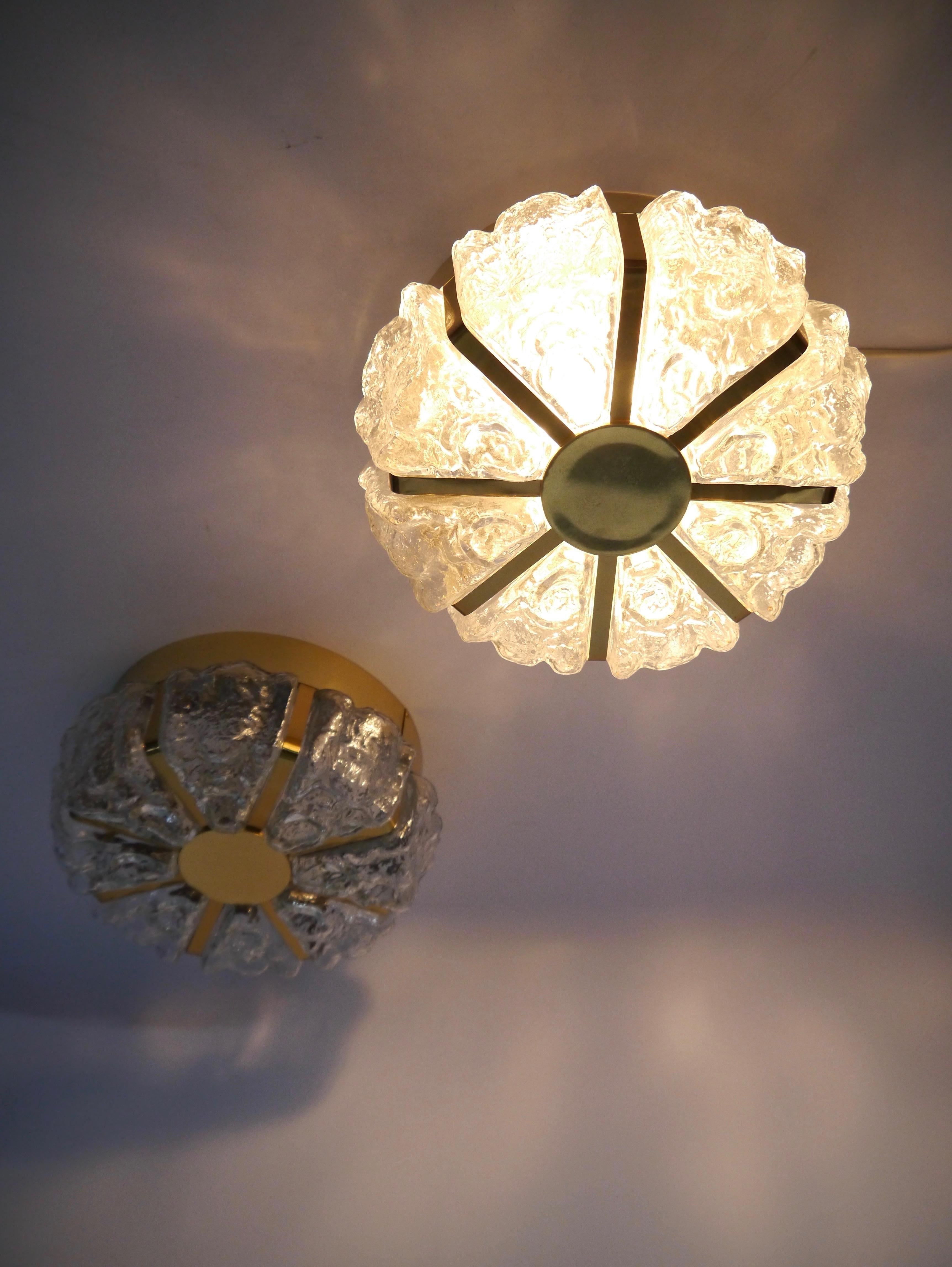 German Pair of Brass & Glass Wall / Ceiling Light Sconces by Helena Tynell for Limburg For Sale