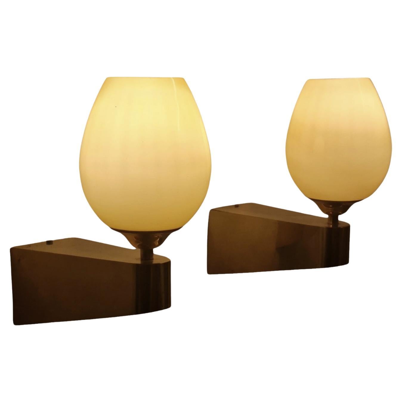 Pair Of Brass - Glass Wall Lamps Model EY 49 Itsu 1950s For Sale