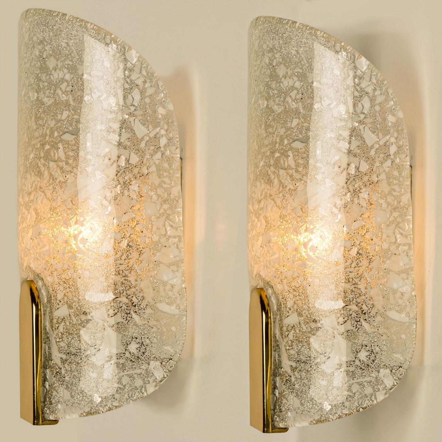 Mid-Century Modern Pair of Brass & Glass Wall Lights in the style of Hillebrand Germany, 1960s For Sale