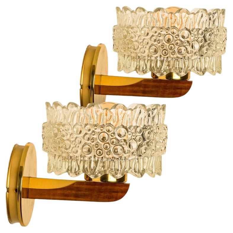 Pair of Brass & Glass Wall Lights in the style of Hillebrand, Germany 1960s