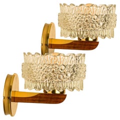Pair of Brass & Glass Wall Lights in the style of Hillebrand, Germany 1960s