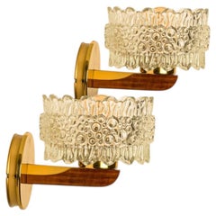 Pair of Brass & Glass Wall Lights in the style of Hillebrand, Germany 1960s