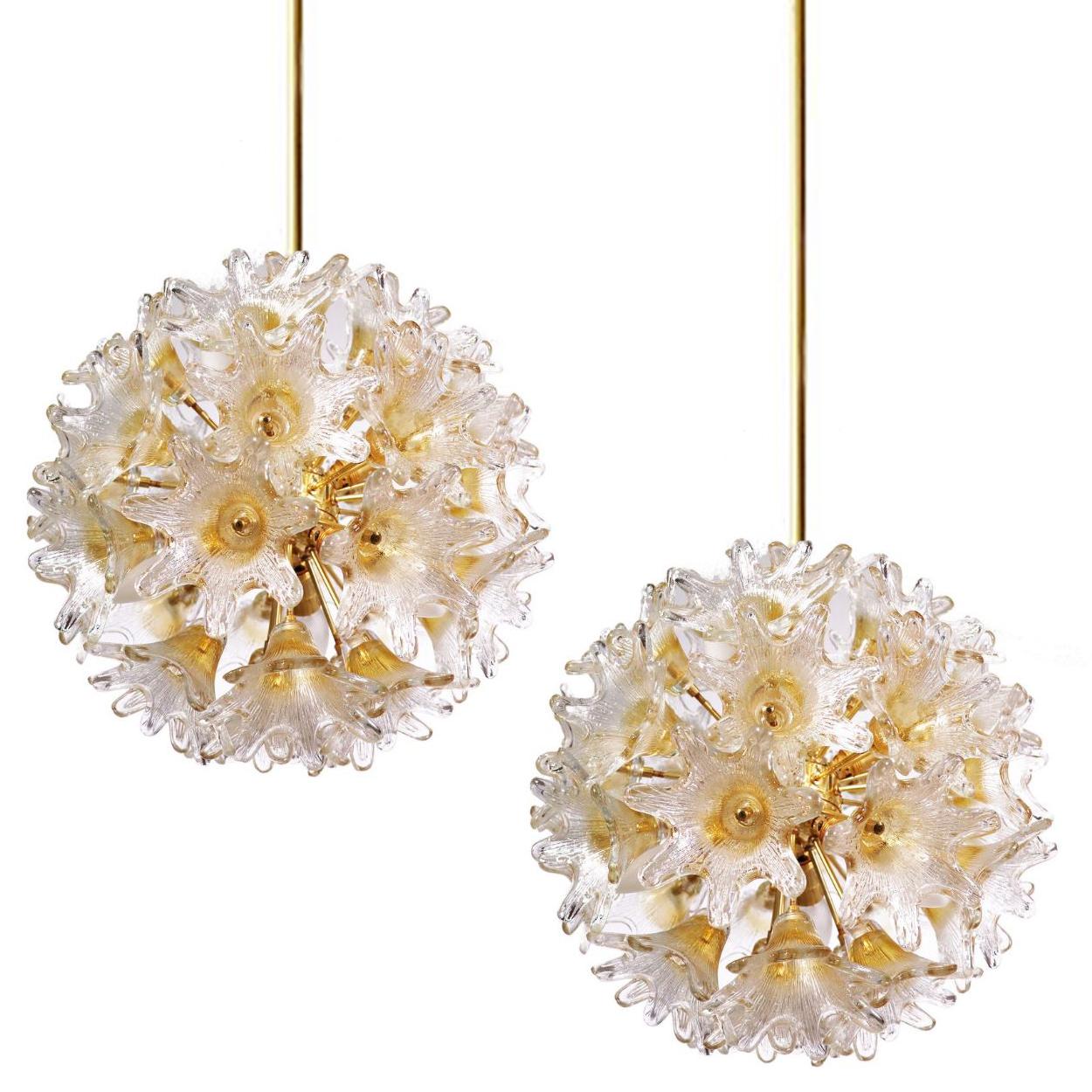 Mid-Century Modern Pair of Brass Gold Murano Glass Sputnik Light Fixtures by Paolo Venini for VeArt