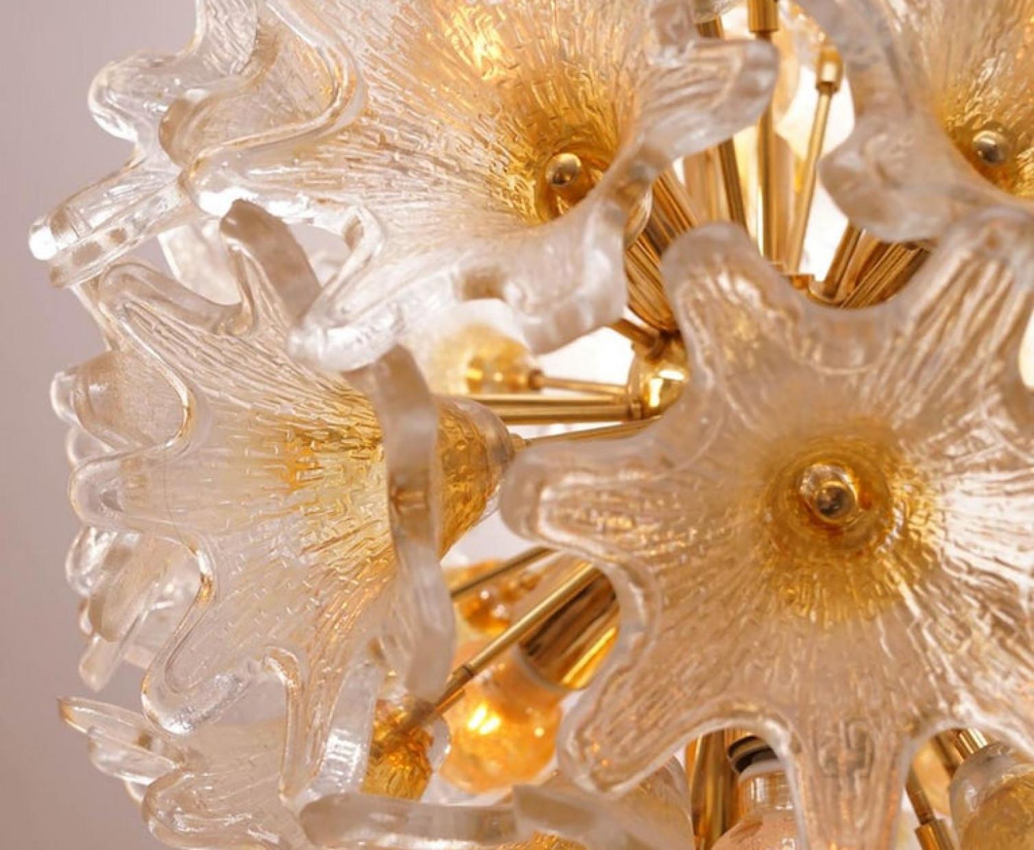 Late 20th Century Pair of Brass Gold Murano Glass Sputnik Light Fixtures by Paolo Venini for VeArt For Sale