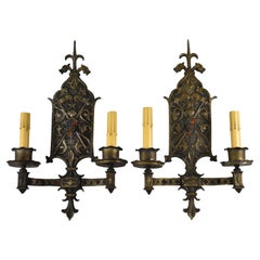 Antique Pair of Brass Gothic Revival Wall Sconces Knight, Dragons & Shield
