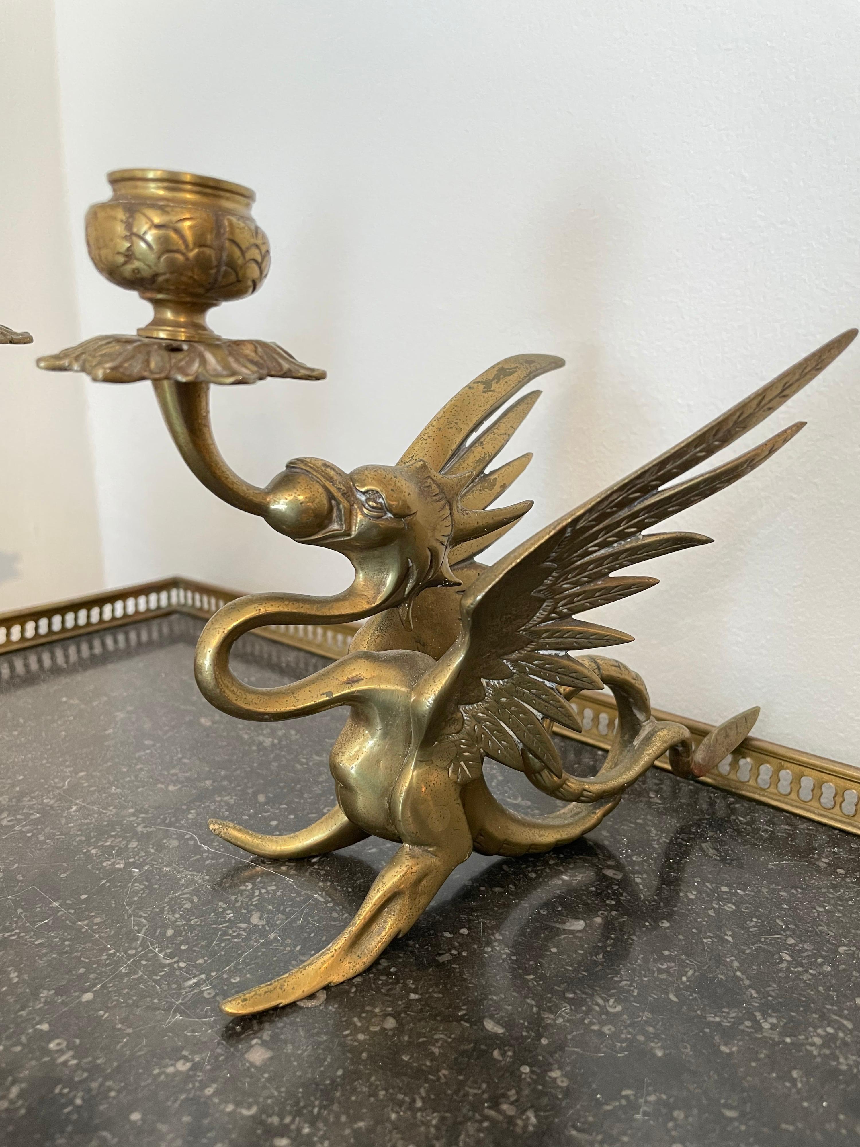 Pair of vintage brass Griffin candlesticks made by Tiffany & Co.