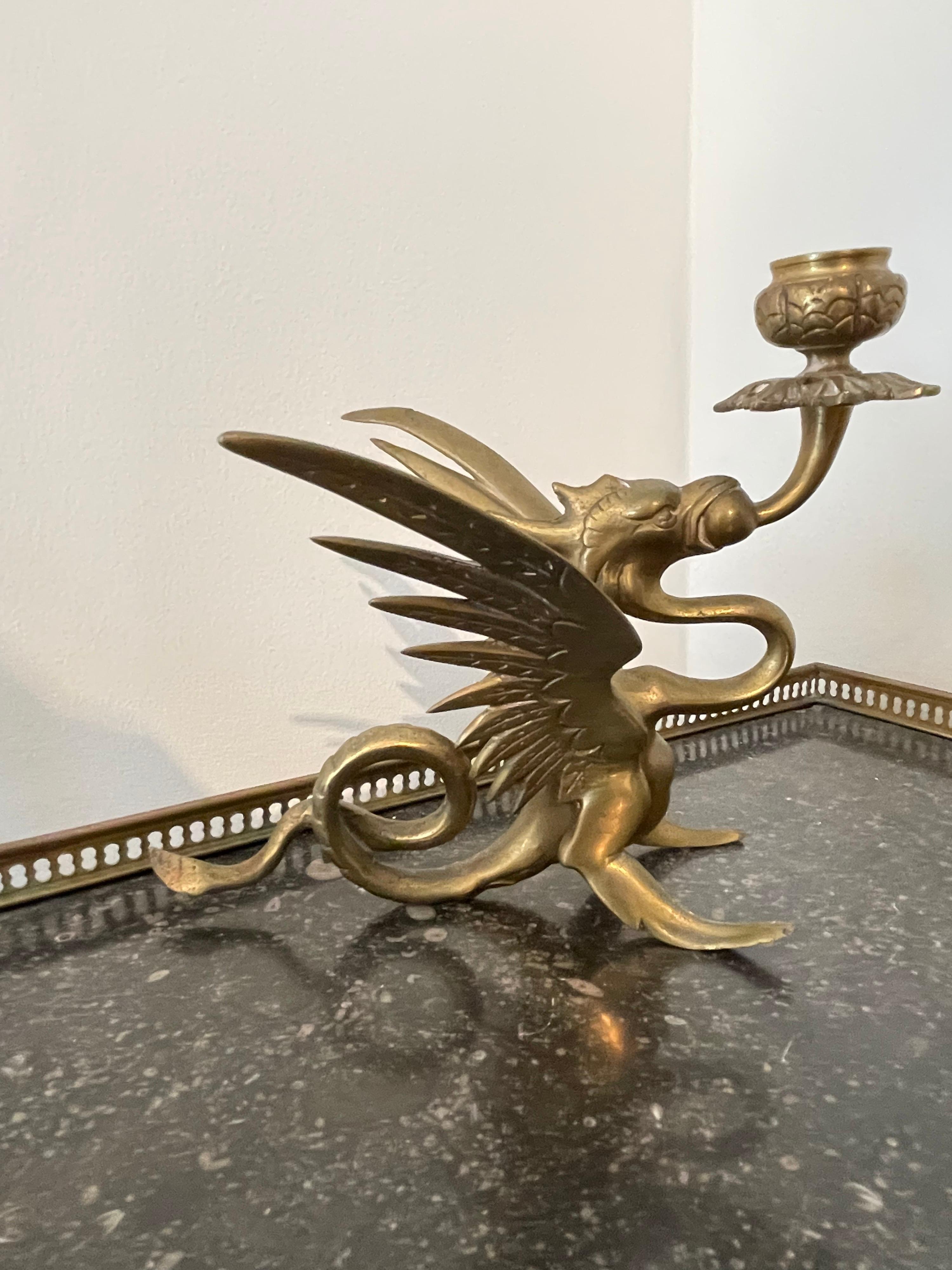 Pair of Brass Griffin Candlesticks by Tiffany & Co. In Good Condition In West Palm Beach, FL