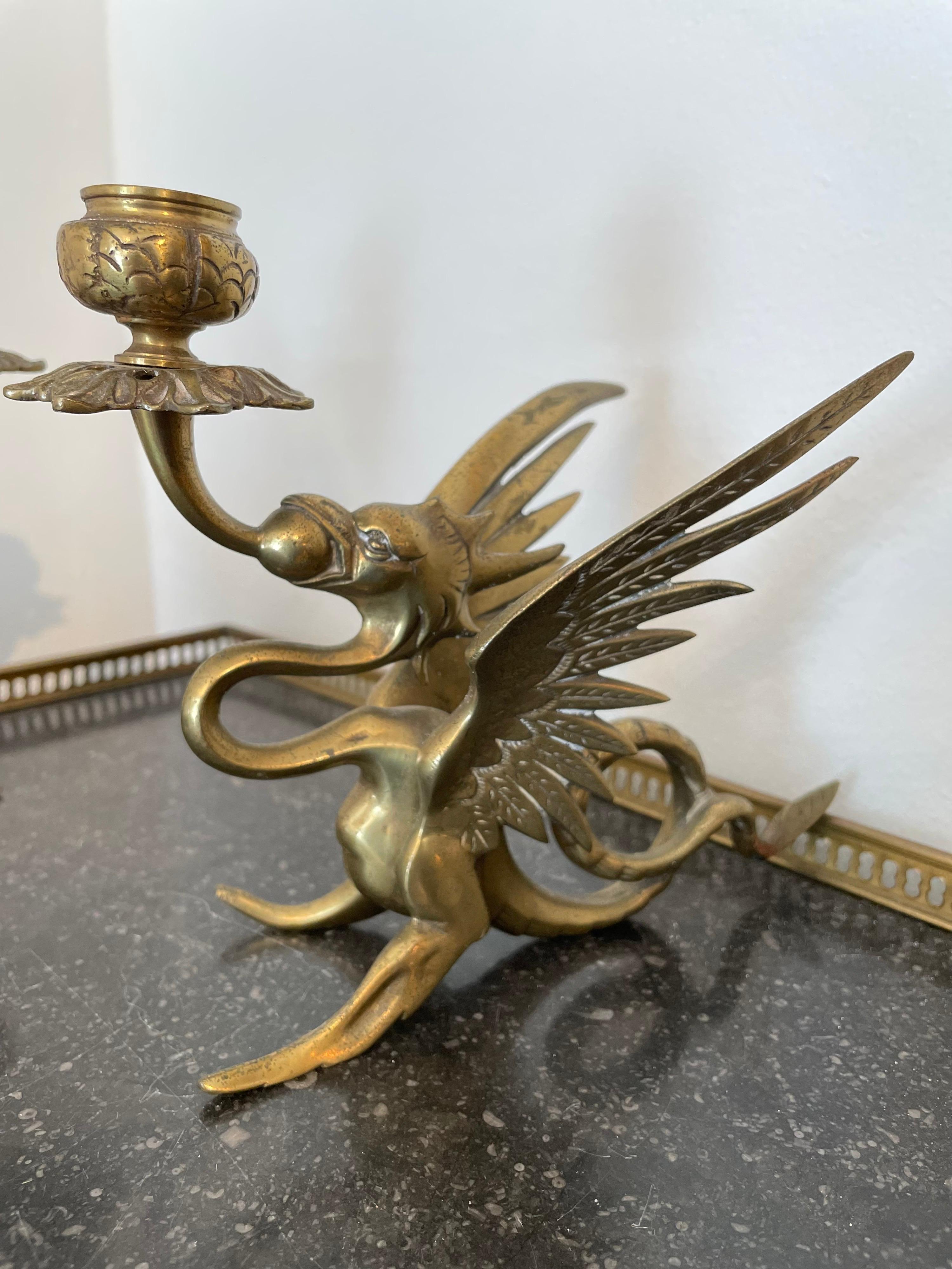 20th Century Pair of Brass Griffin Candlesticks by Tiffany & Co.