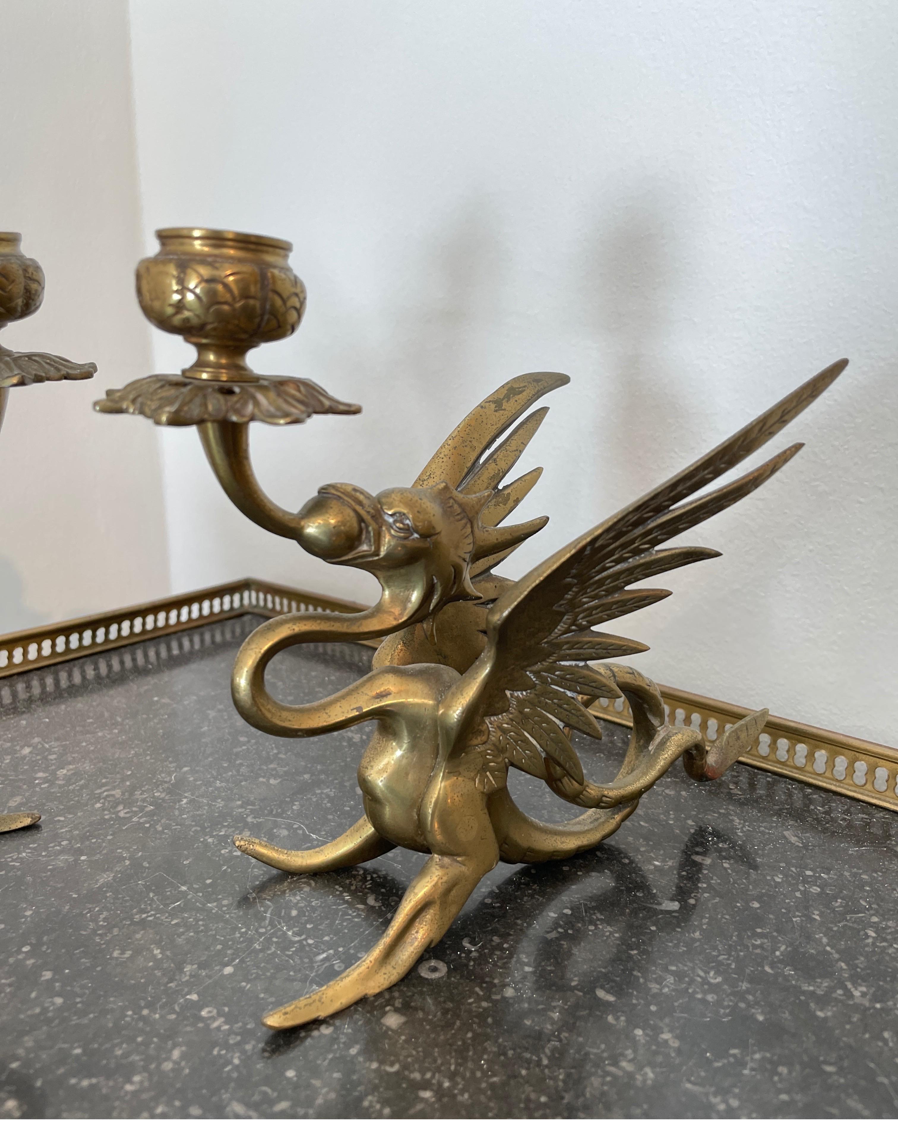 Pair of Brass Griffin Candlesticks by Tiffany & Co. 1