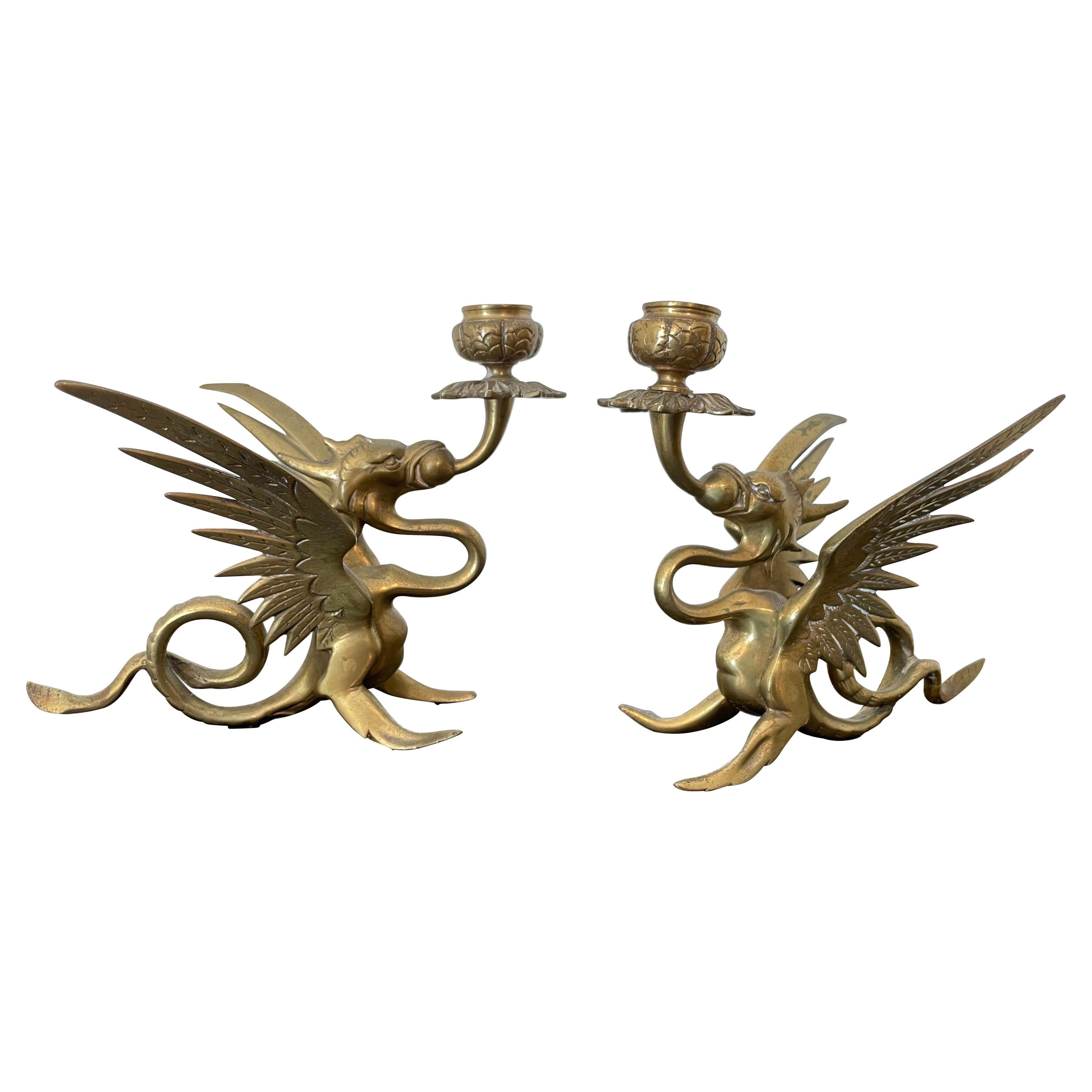 Pair of Brass Griffin Candlesticks by Tiffany & Co.