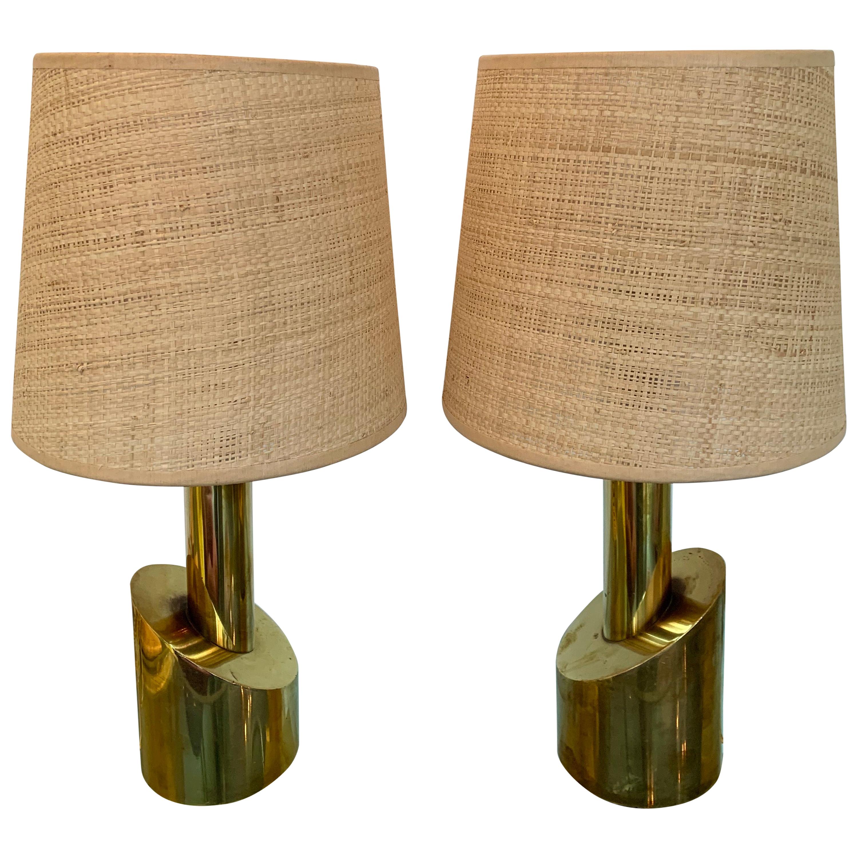 Pair of Brass Half Cylinder Lamps, Italy, 1970s