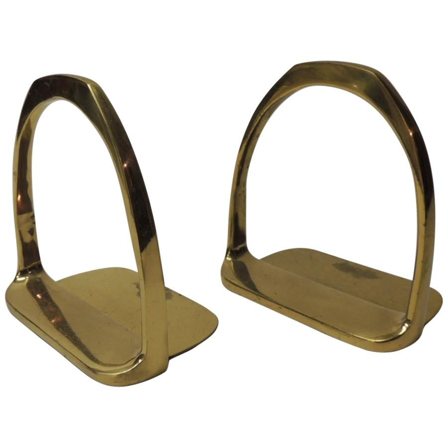 Pair of Brass Hermes Style Horse Saddle Stirrups Bookends