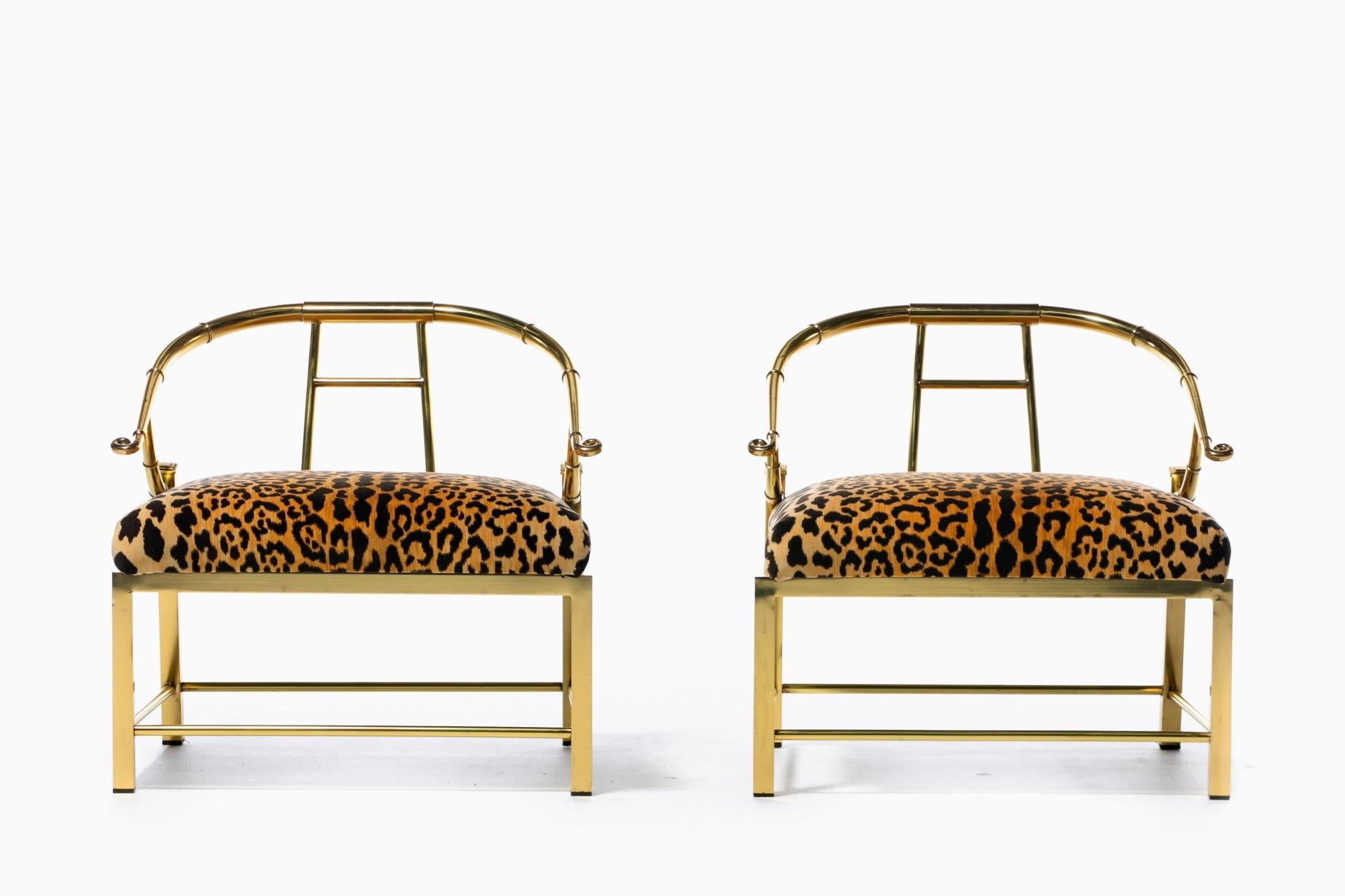 American Pair of Brass Hollywood Regency Chairs in Leopard Velvet by Mastercraft C. 1960s