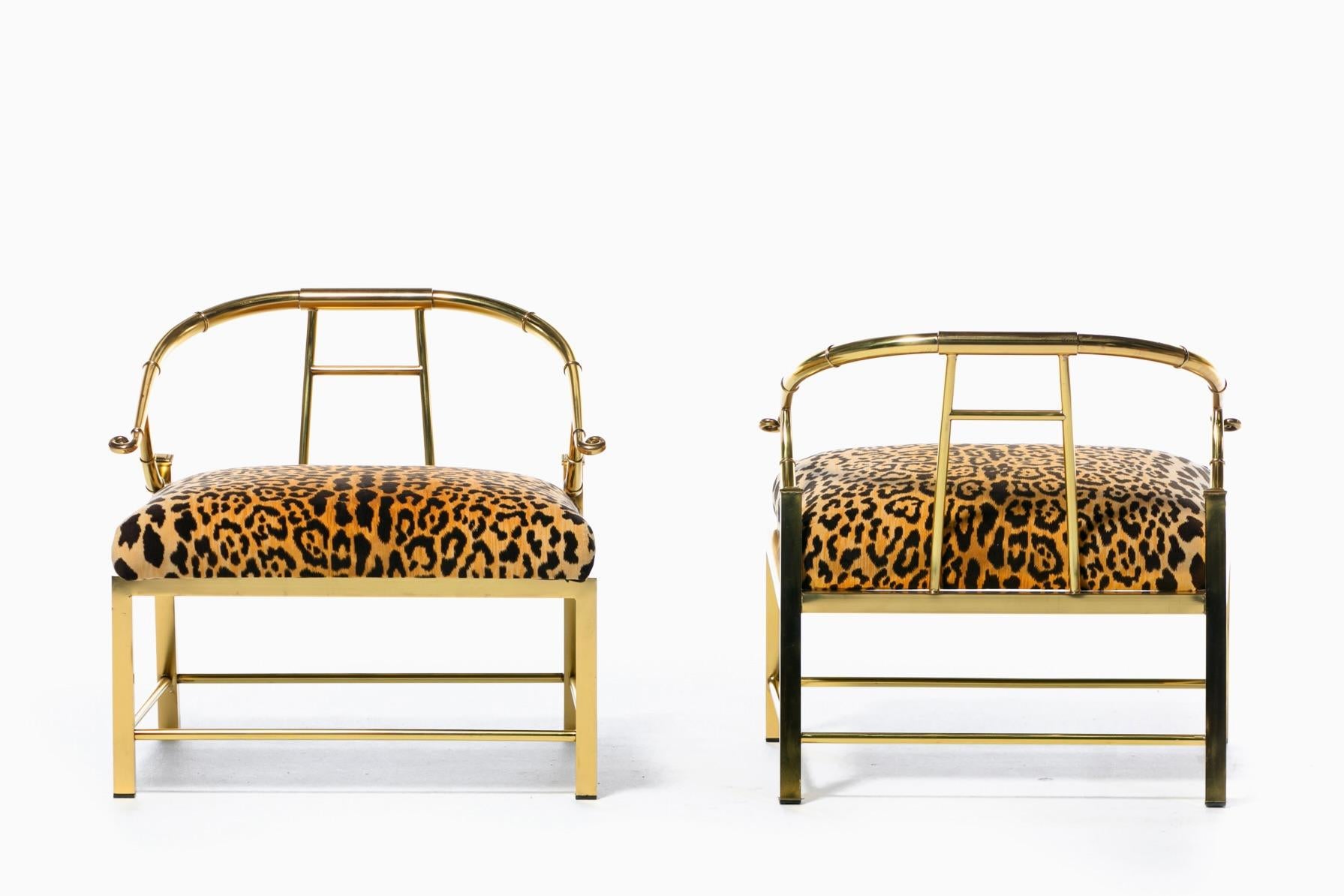 Pair of Brass Hollywood Regency Chairs in Leopard Velvet by Mastercraft C. 1960s In Good Condition In Saint Louis, MO