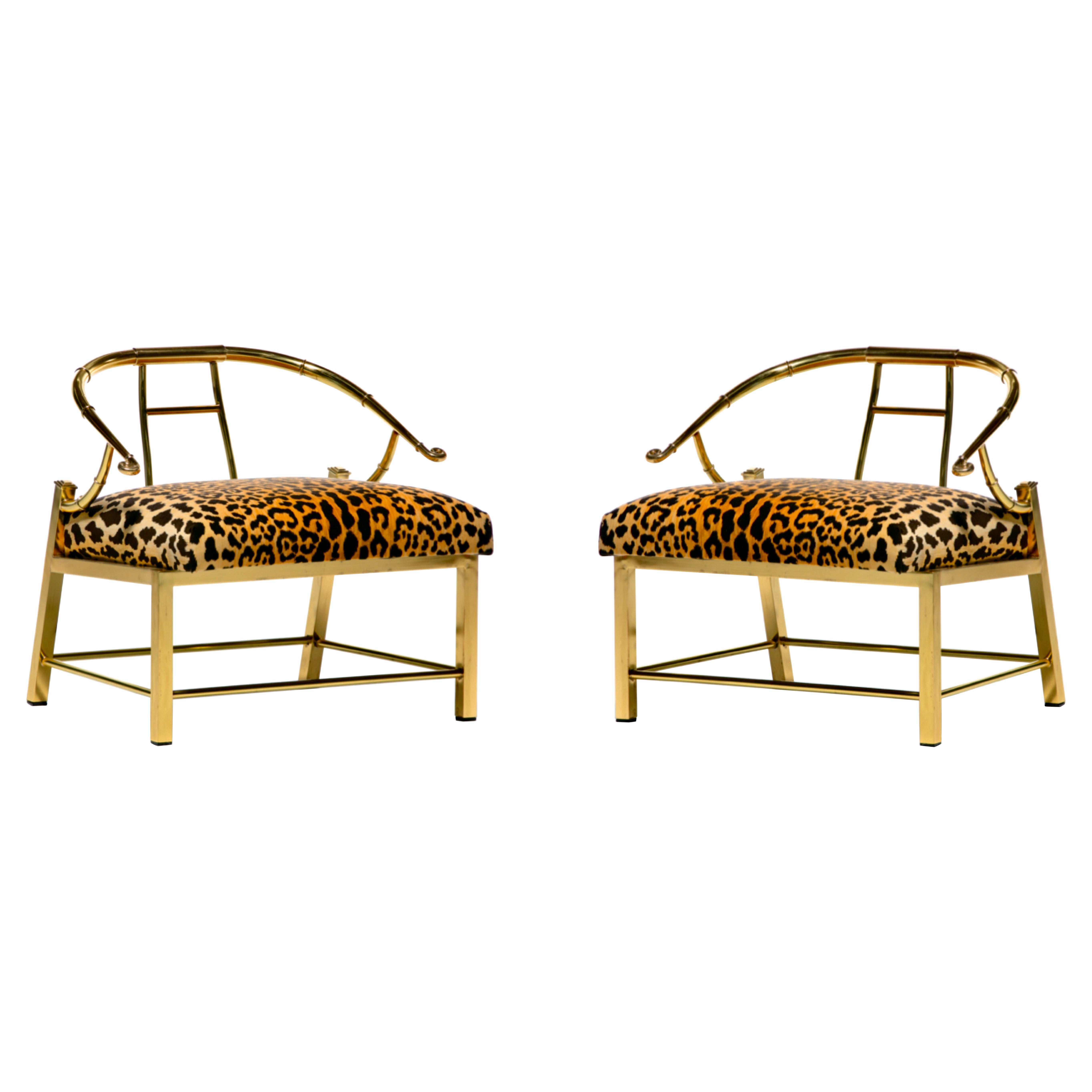 Pair of Brass Hollywood Regency Chairs in Leopard Velvet by Mastercraft C. 1960s