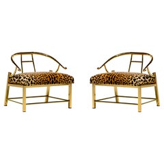 Pair of Brass Hollywood Regency Chairs in Leopard Velvet by Mastercraft C. 1960s