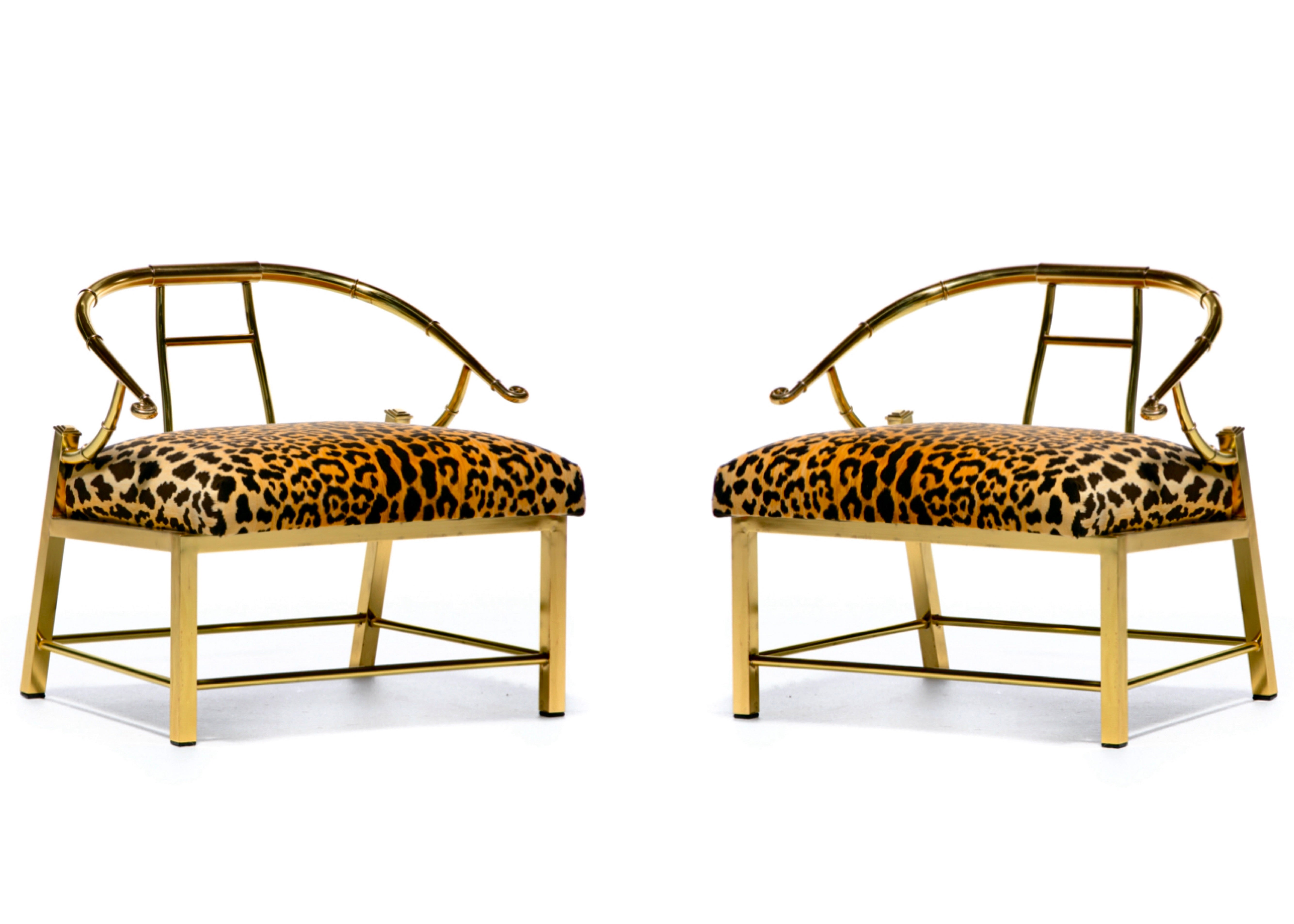 Pair of Brass Hollywood Regency Chairs in Leopard Velvet by Mastercraft C. 1960s